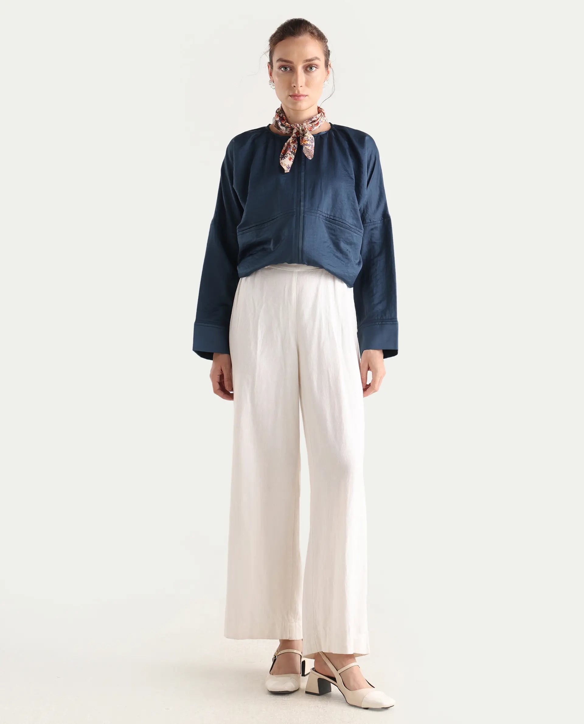 Rareism Women's Nisat Navy Polyester Round Neck Relaxed Plain Jacket