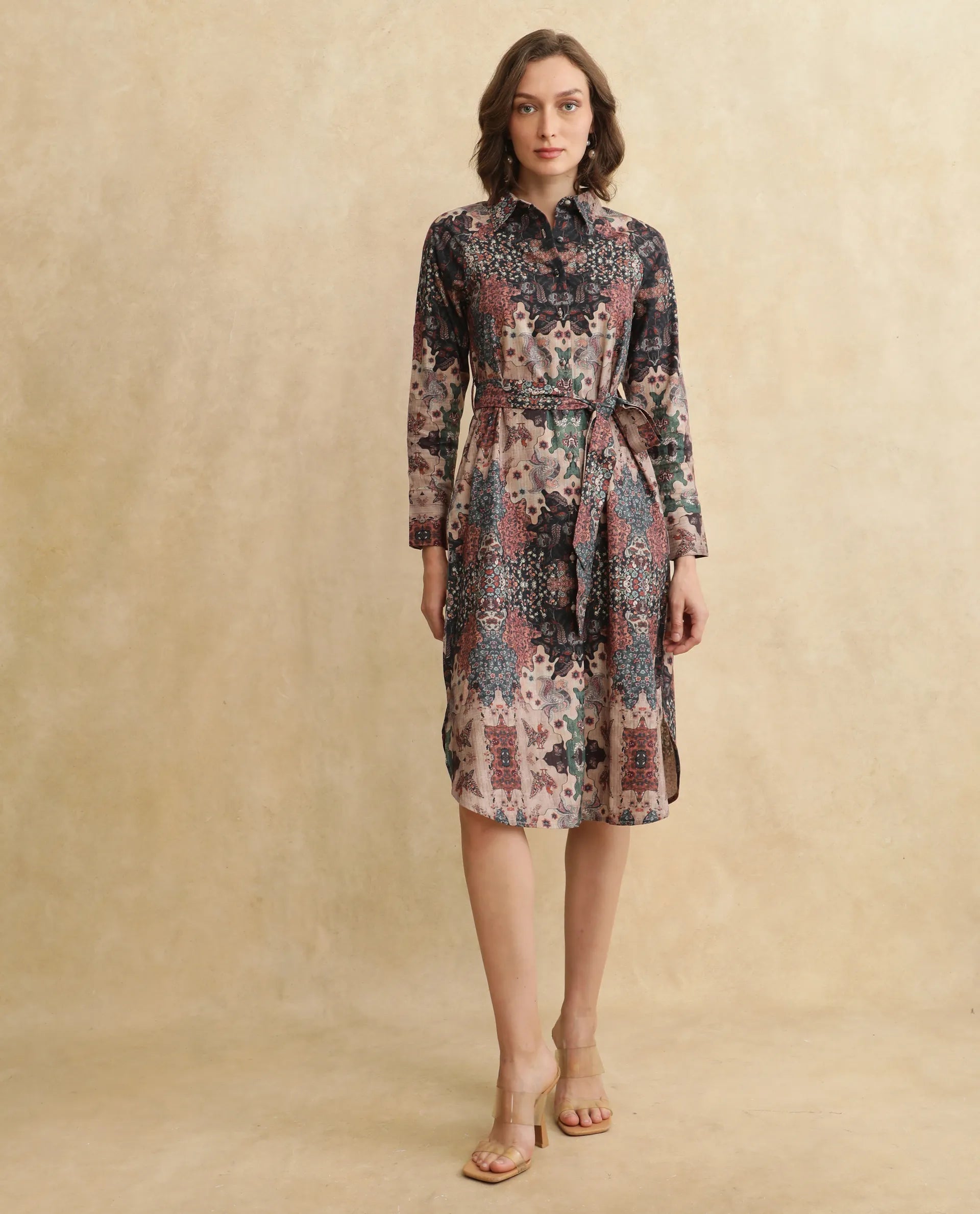 Rareism Women's Nitew Dark Multi Cotton Blend Drop Collar Abstract Print Raglan Sleeve Midi Straight Fit Dress