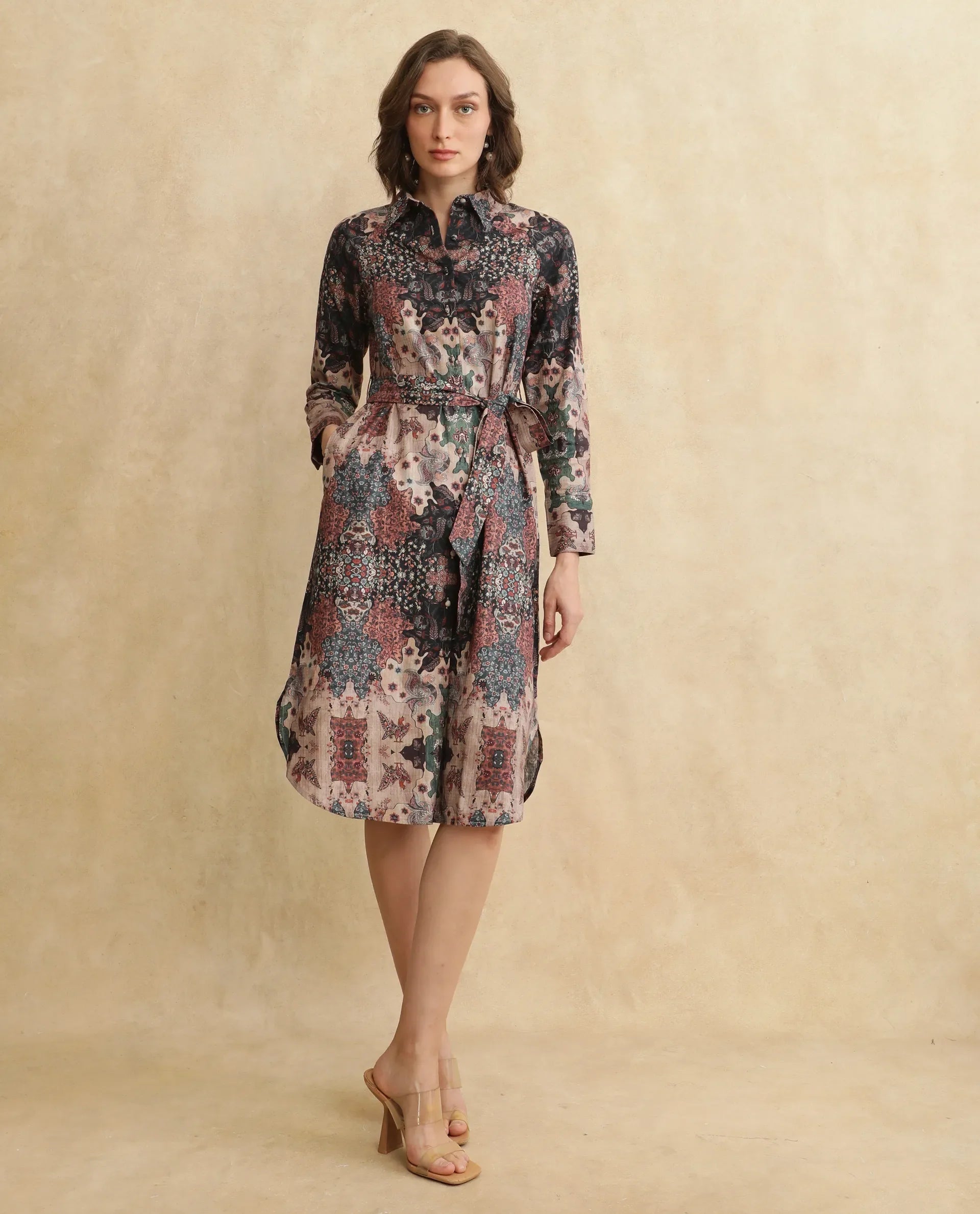 Rareism Women's Nitew Dark Multi Cotton Blend Drop Collar Abstract Print Raglan Sleeve Midi Straight Fit Dress