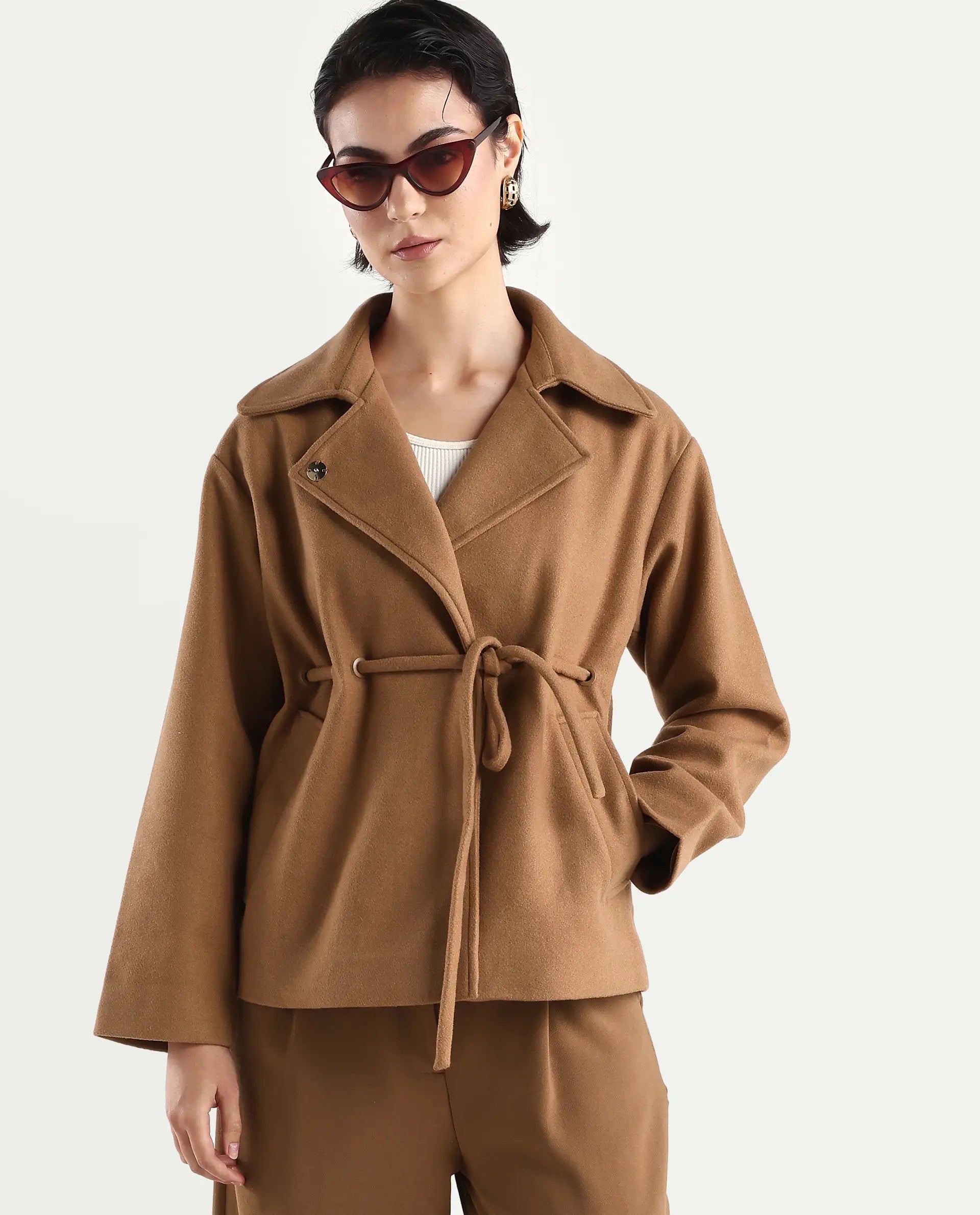 Rareism Women's Nittiz Tan Polyester Blend Spread Collar Regular Fit Jacket