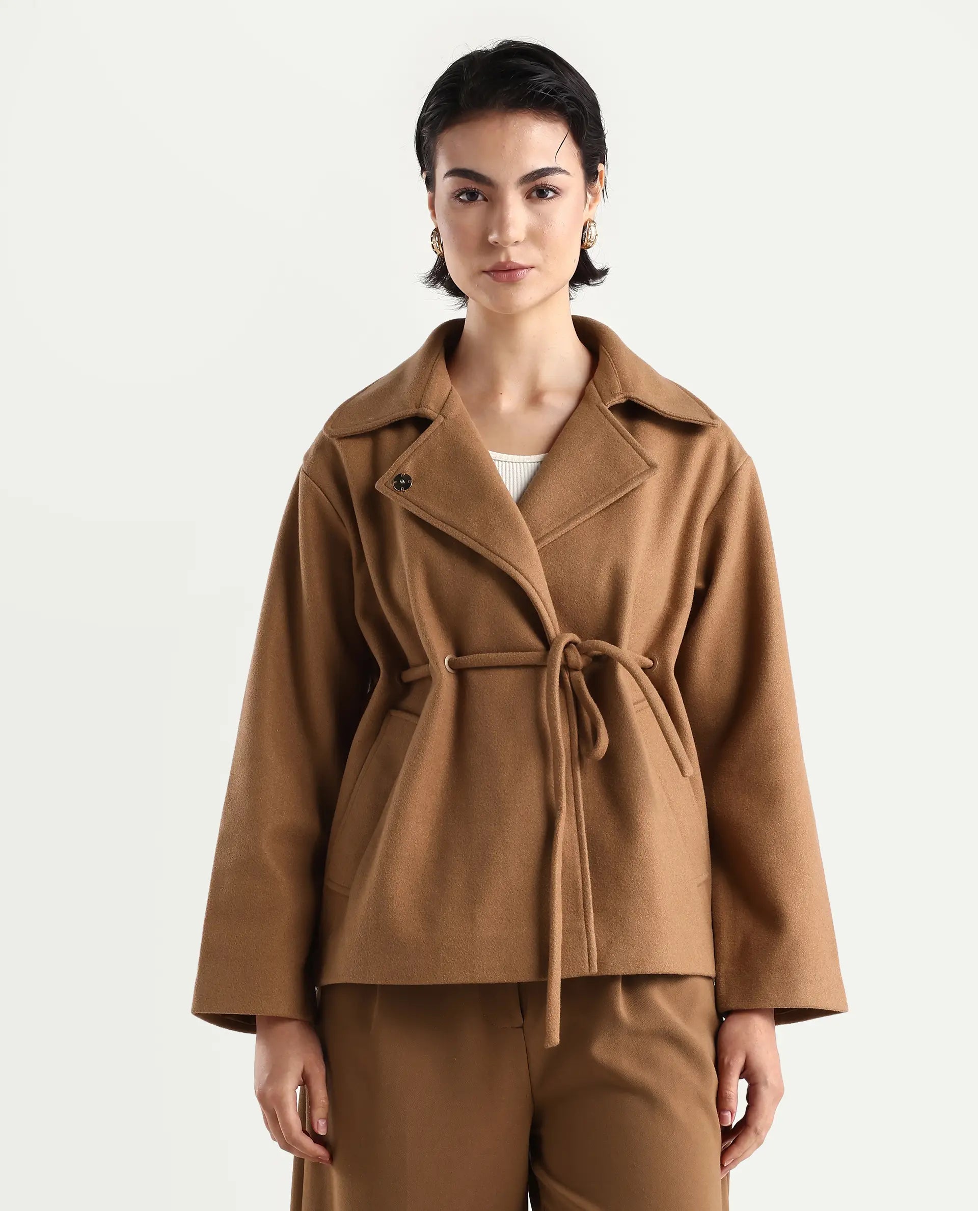 Rareism Women's Nittiz Tan Polyester Blend Spread Collar Regular Fit Jacket