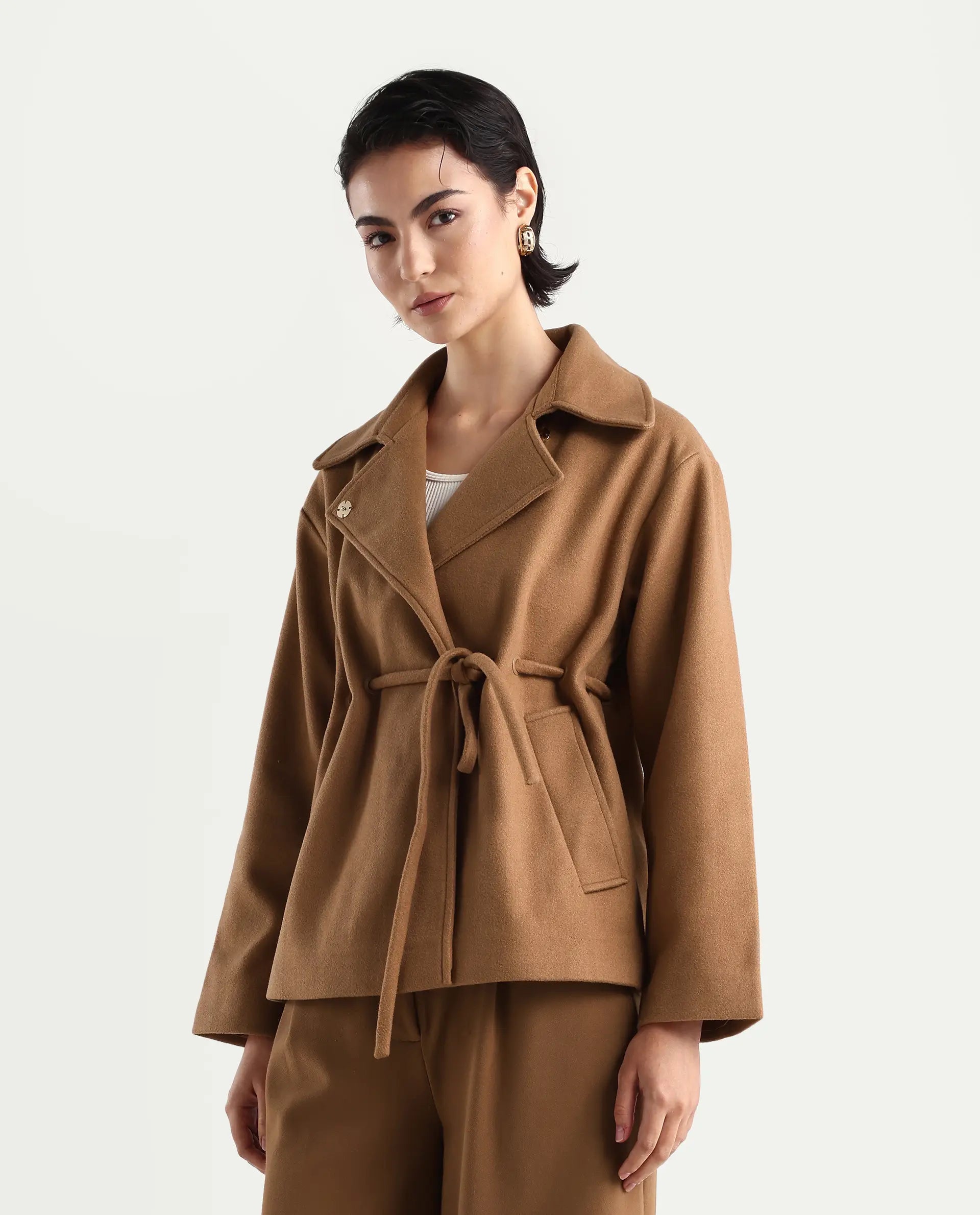 Rareism Women's Nittiz Tan Polyester Blend Spread Collar Regular Fit Jacket