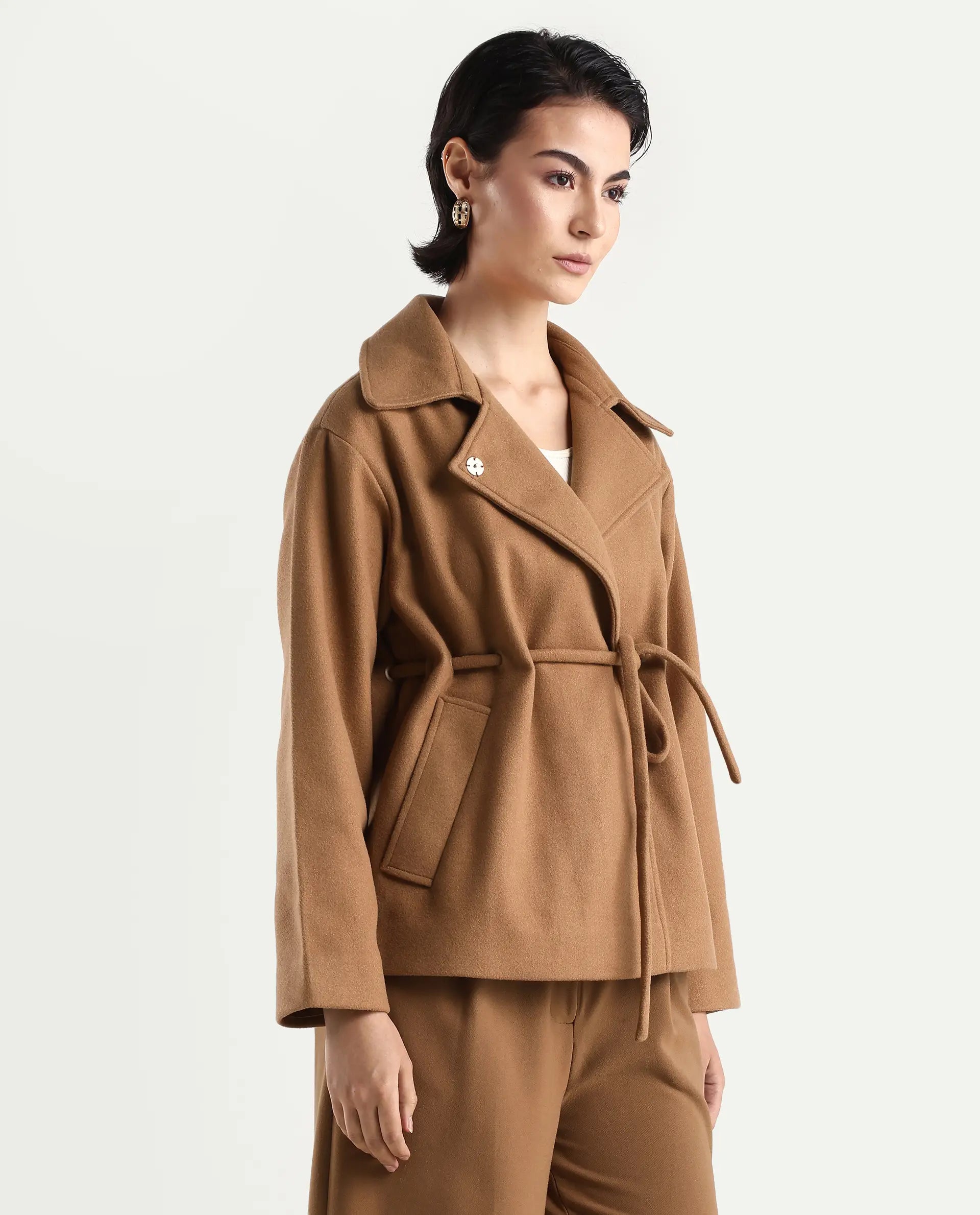 Rareism Women's Nittiz Tan Polyester Blend Spread Collar Regular Fit Jacket