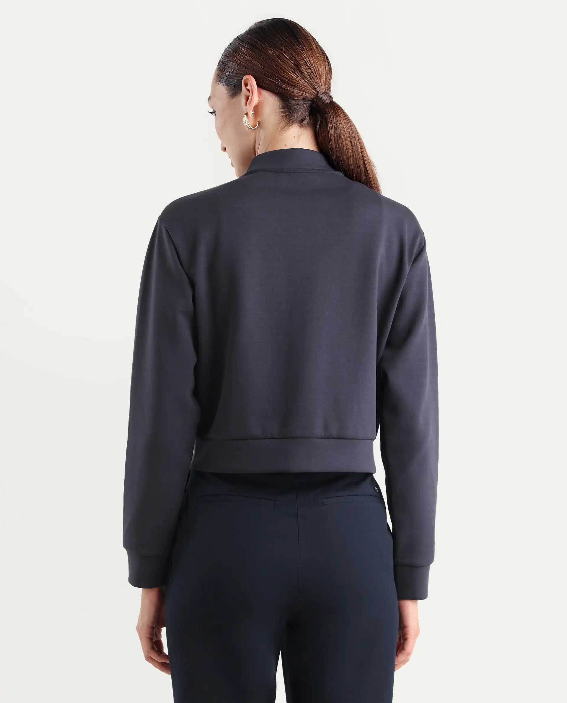 Rareism Women's Nitt Navy Cotton Blend Stand Collar Regular Fit Jacket