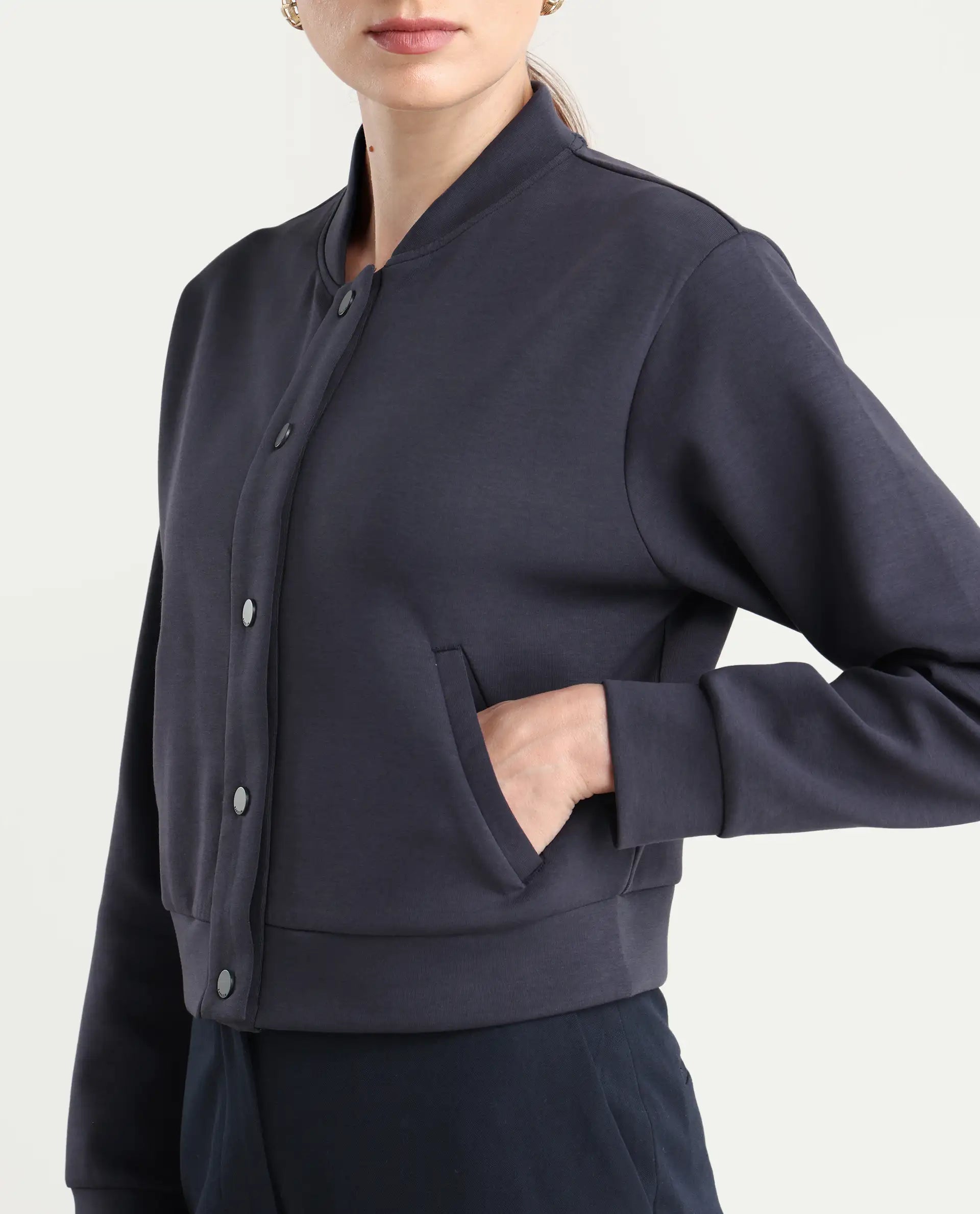 Rareism Women's Nitt Navy Cotton Blend Stand Collar Regular Fit Jacket