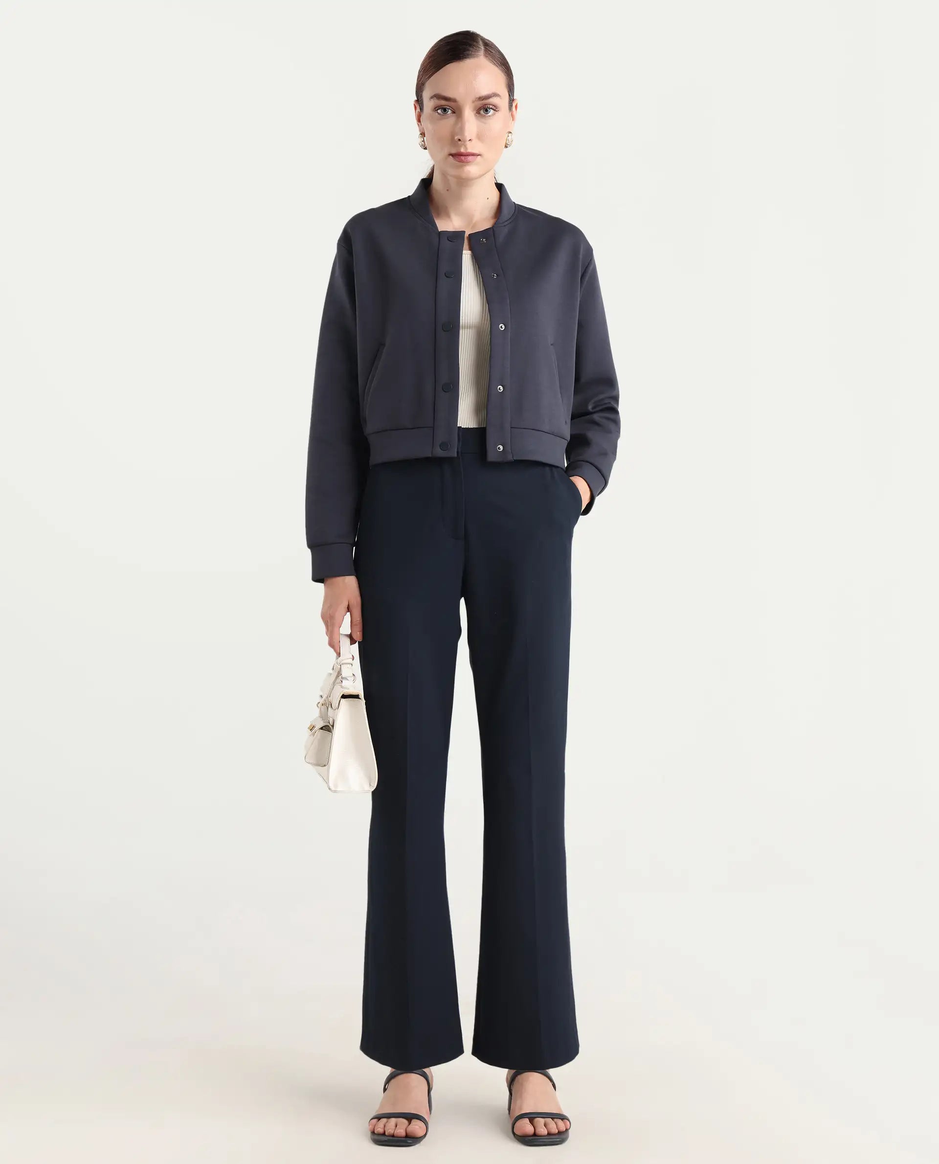 Rareism Women's Nitt Navy Cotton Blend Stand Collar Regular Fit Jacket