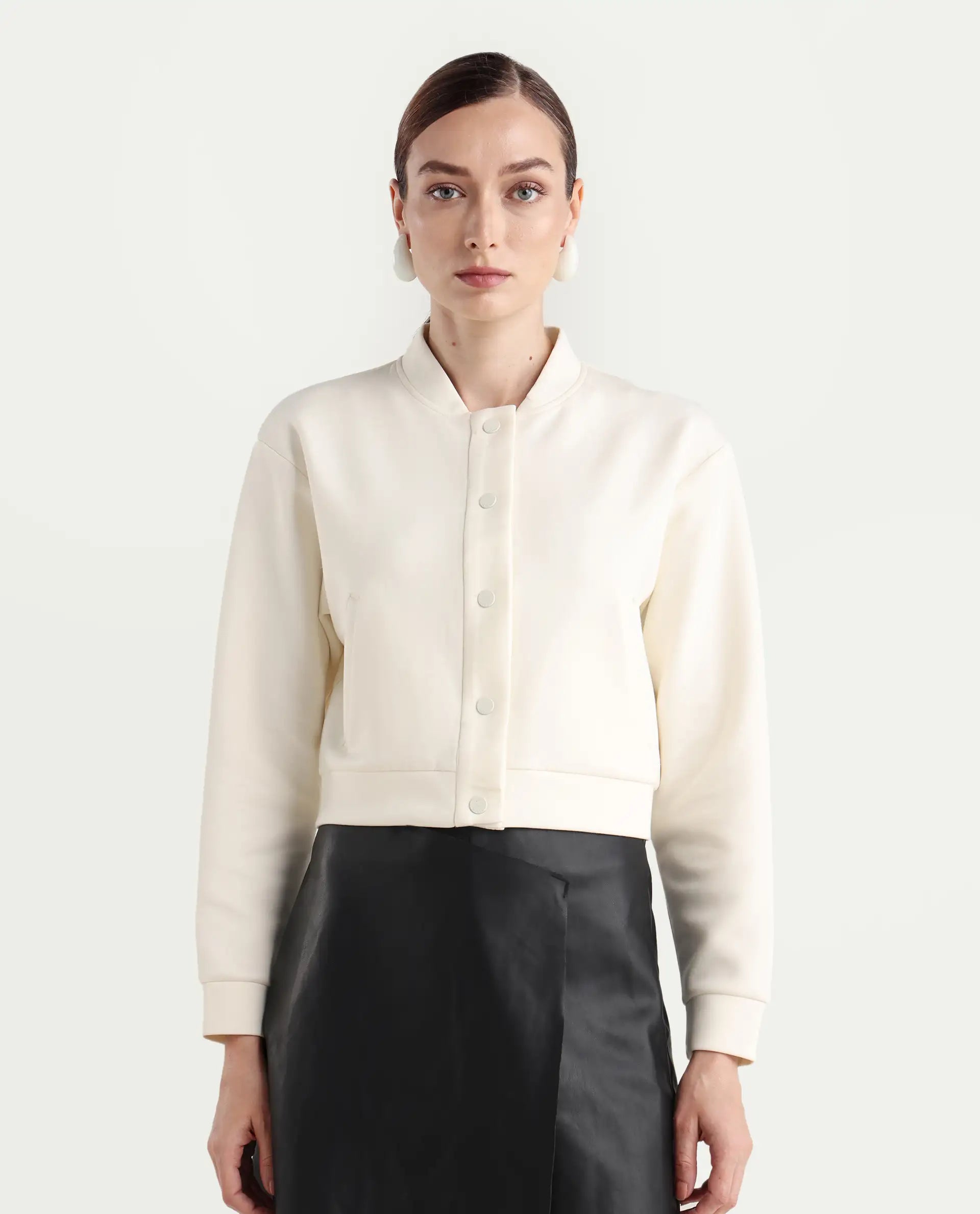 Rareism Women's Nitt Off White Cotton Blend Stand Collar Regular Fit Jacket