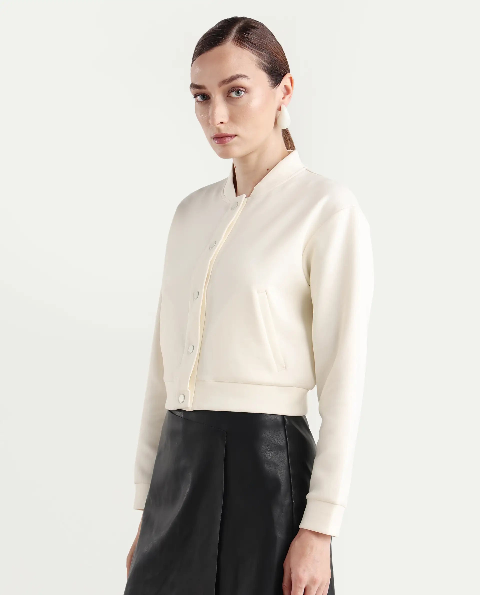 Rareism Women's Nitt Off White Cotton Blend Stand Collar Regular Fit Jacket