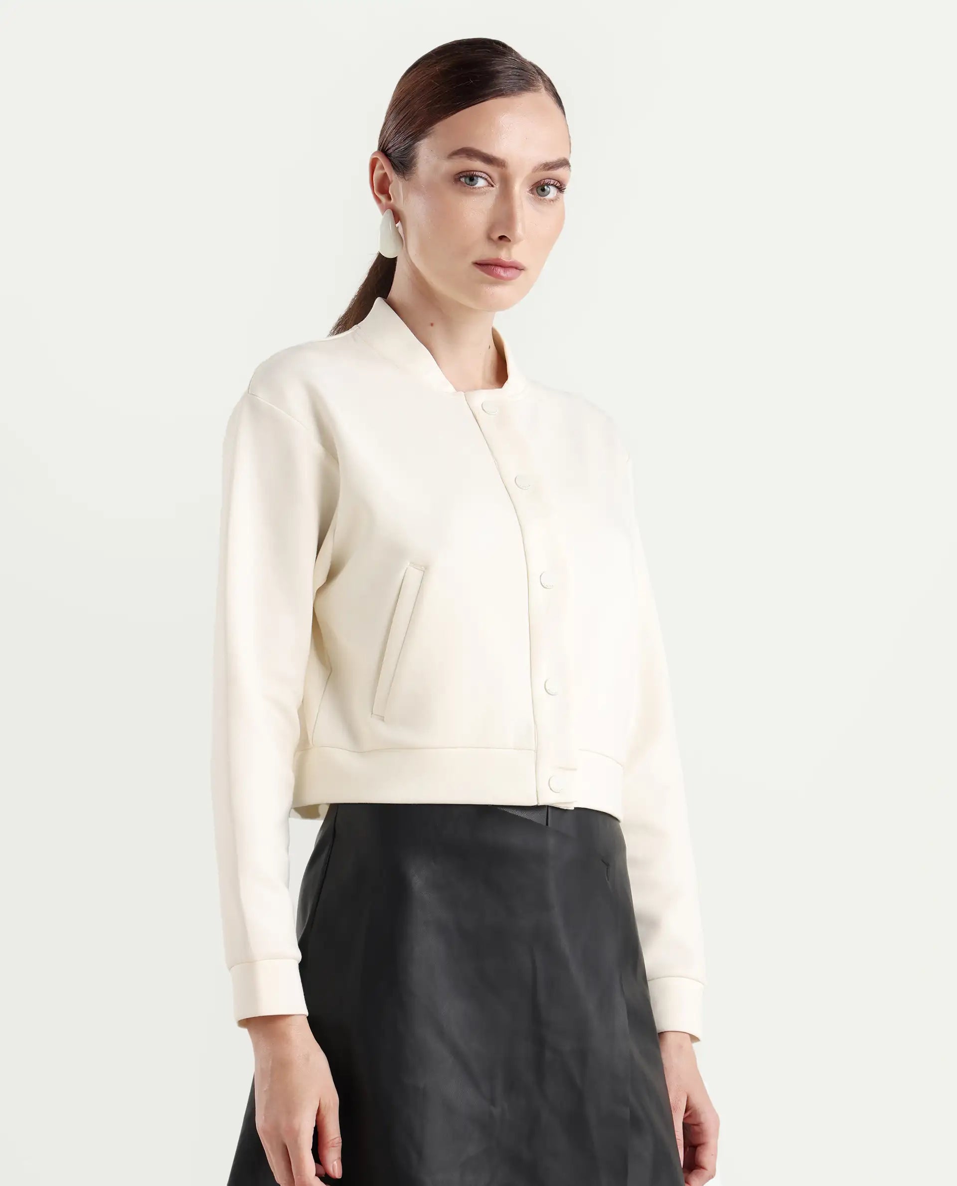 Rareism Women's Nitt Off White Cotton Blend Stand Collar Regular Fit Jacket