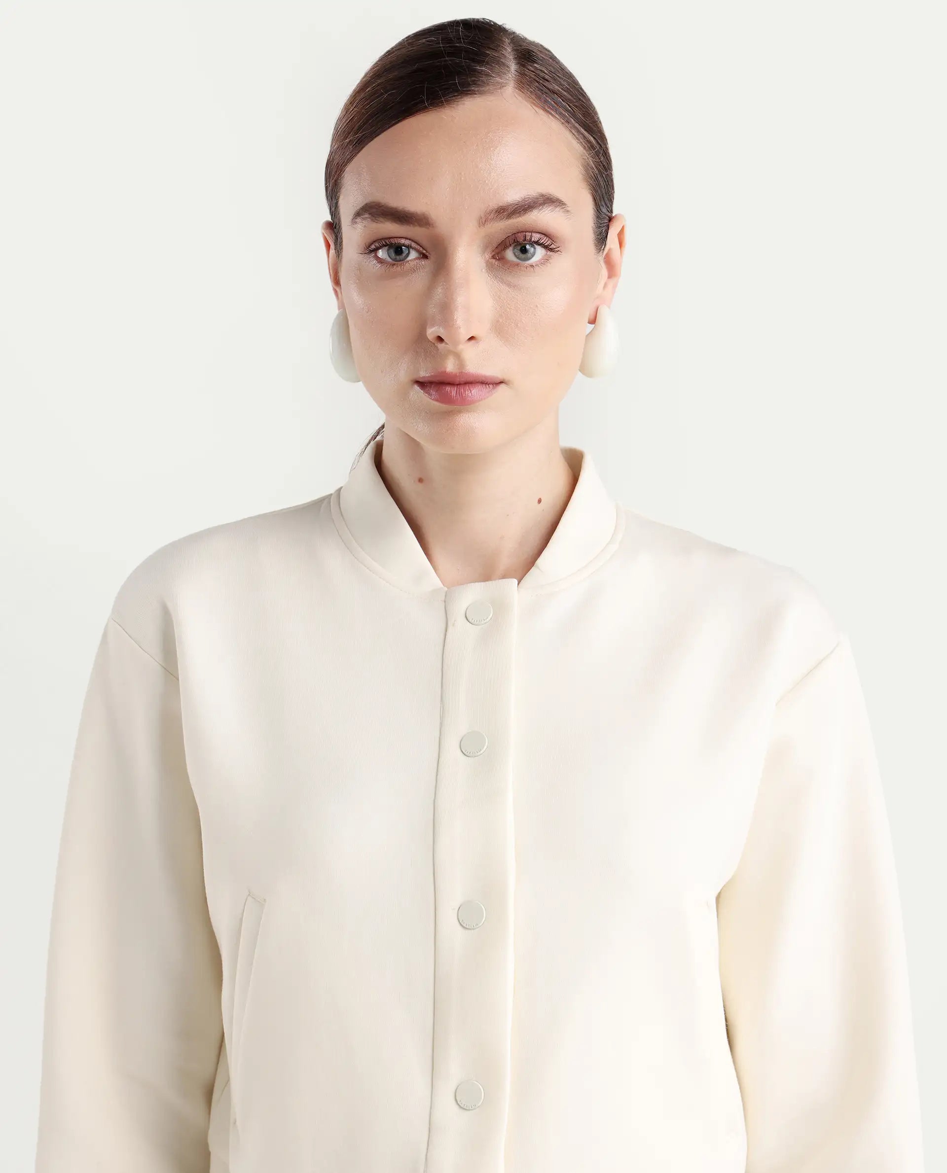 Rareism Women's Nitt Off White Cotton Blend Stand Collar Regular Fit Jacket