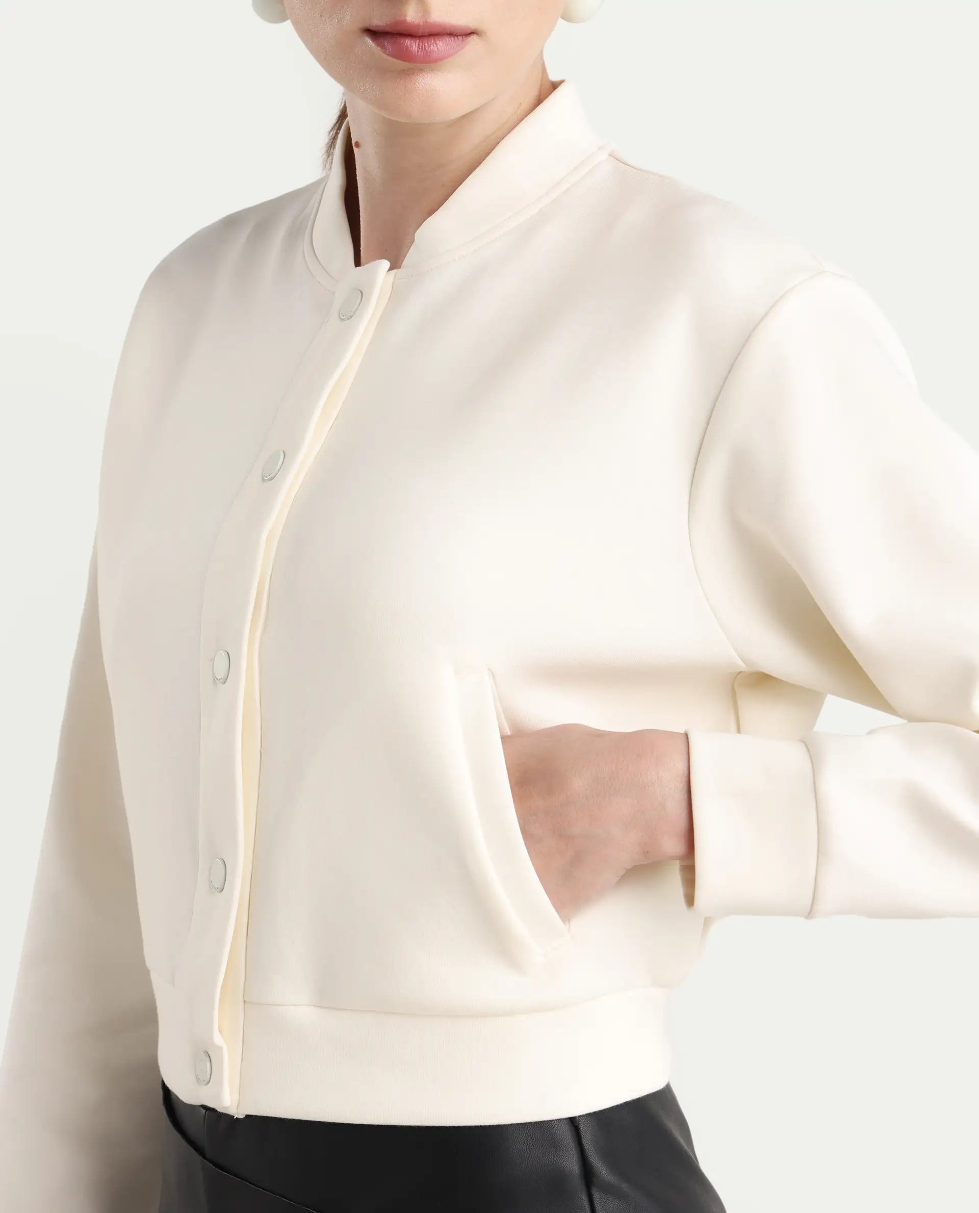 Rareism Women's Nitt Off White Cotton Blend Stand Collar Regular Fit Jacket