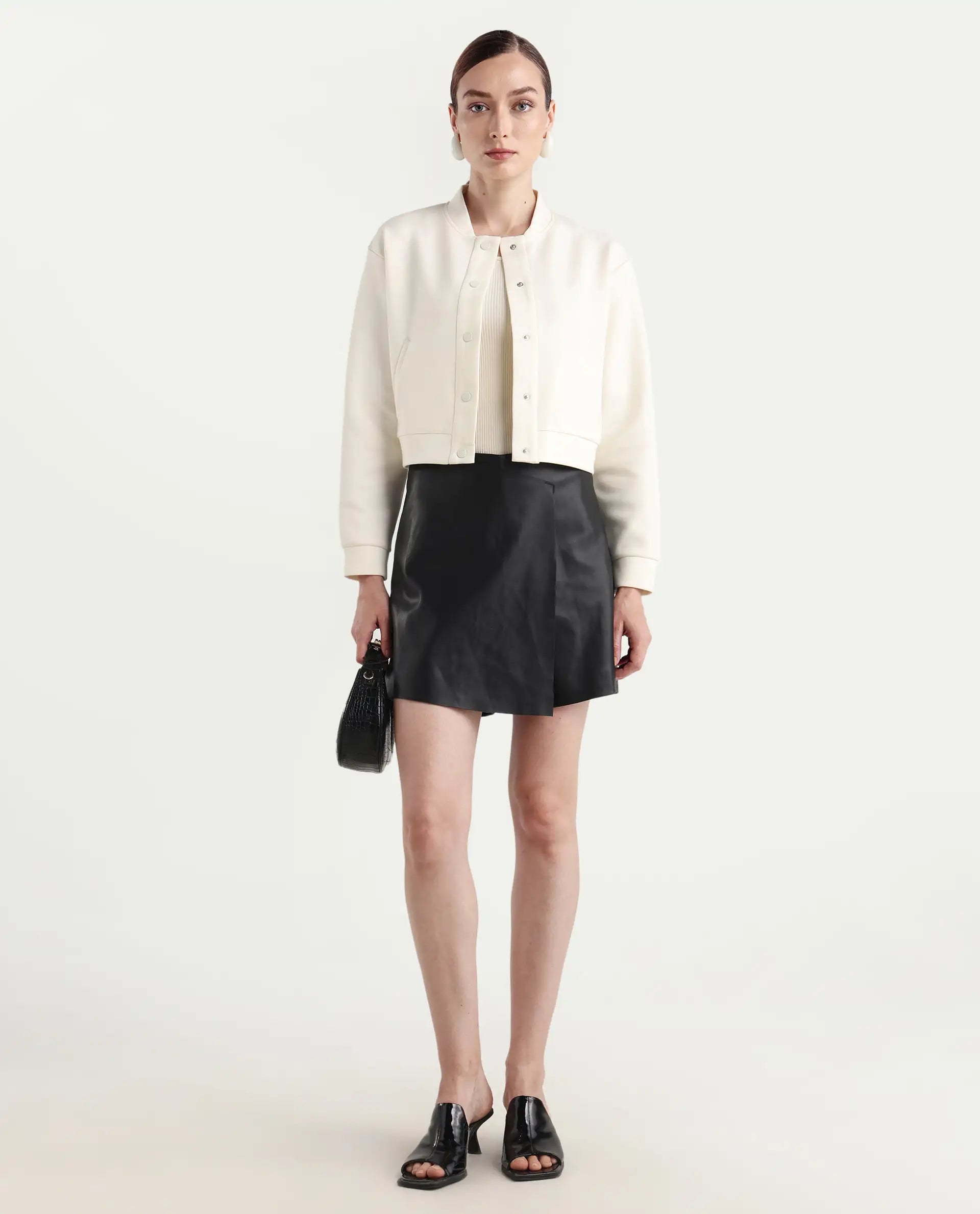 Rareism Women's Nitt Off White Cotton Blend Stand Collar Regular Fit Jacket