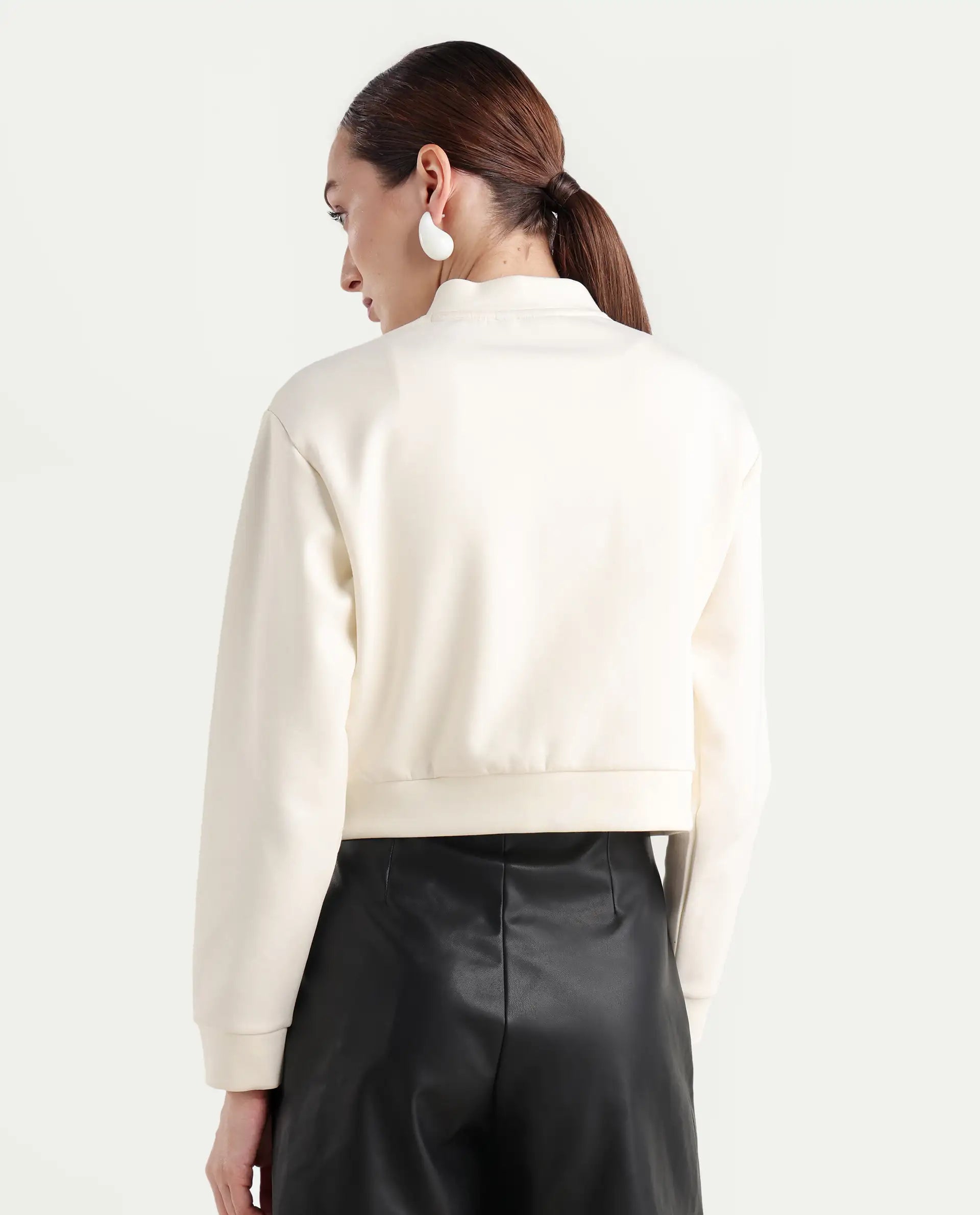 Rareism Women's Nitt Off White Cotton Blend Stand Collar Regular Fit Jacket