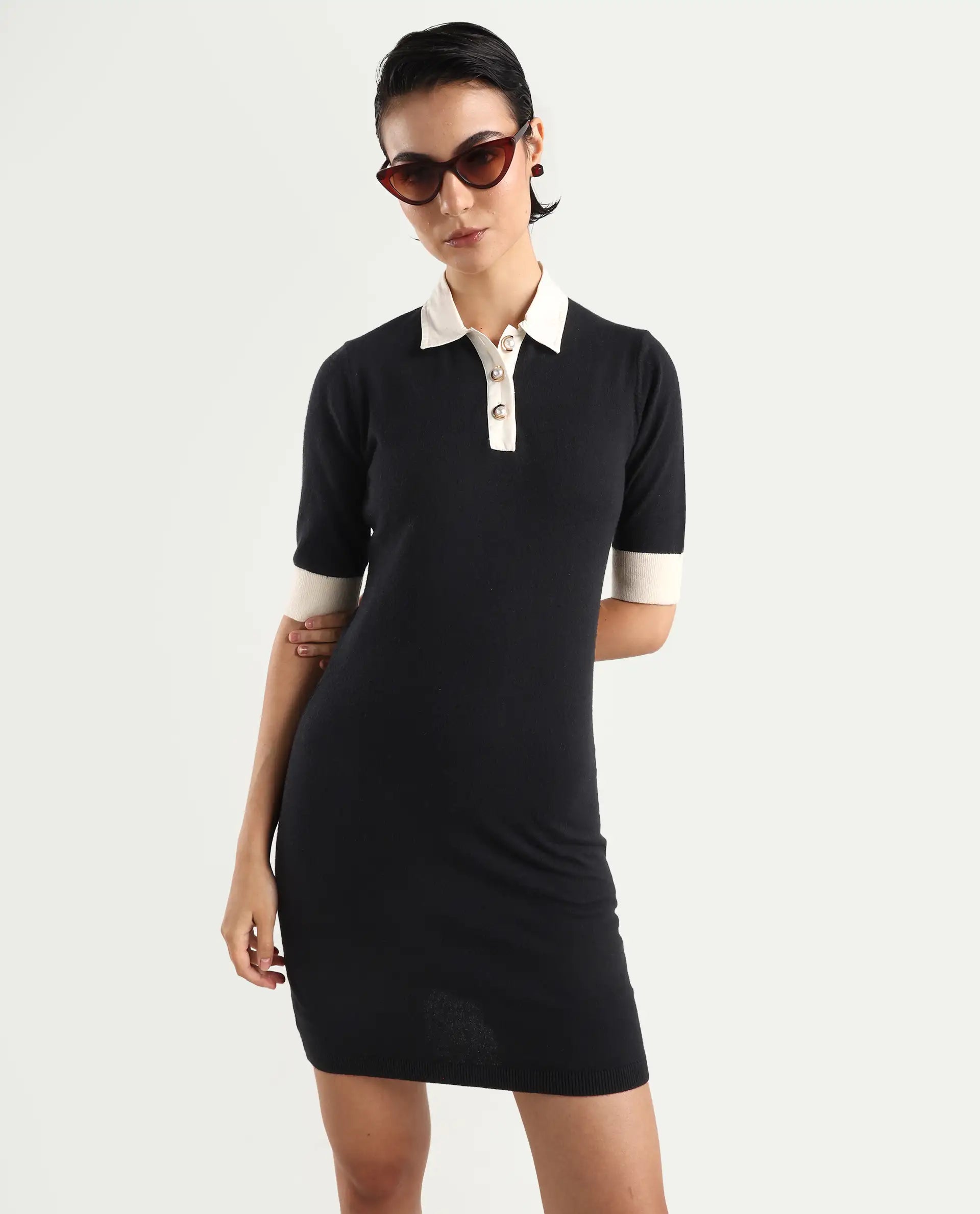 Rareism Women's Nitu Black Viscose Drop Collar Plain Knee Length Bodycon Dress