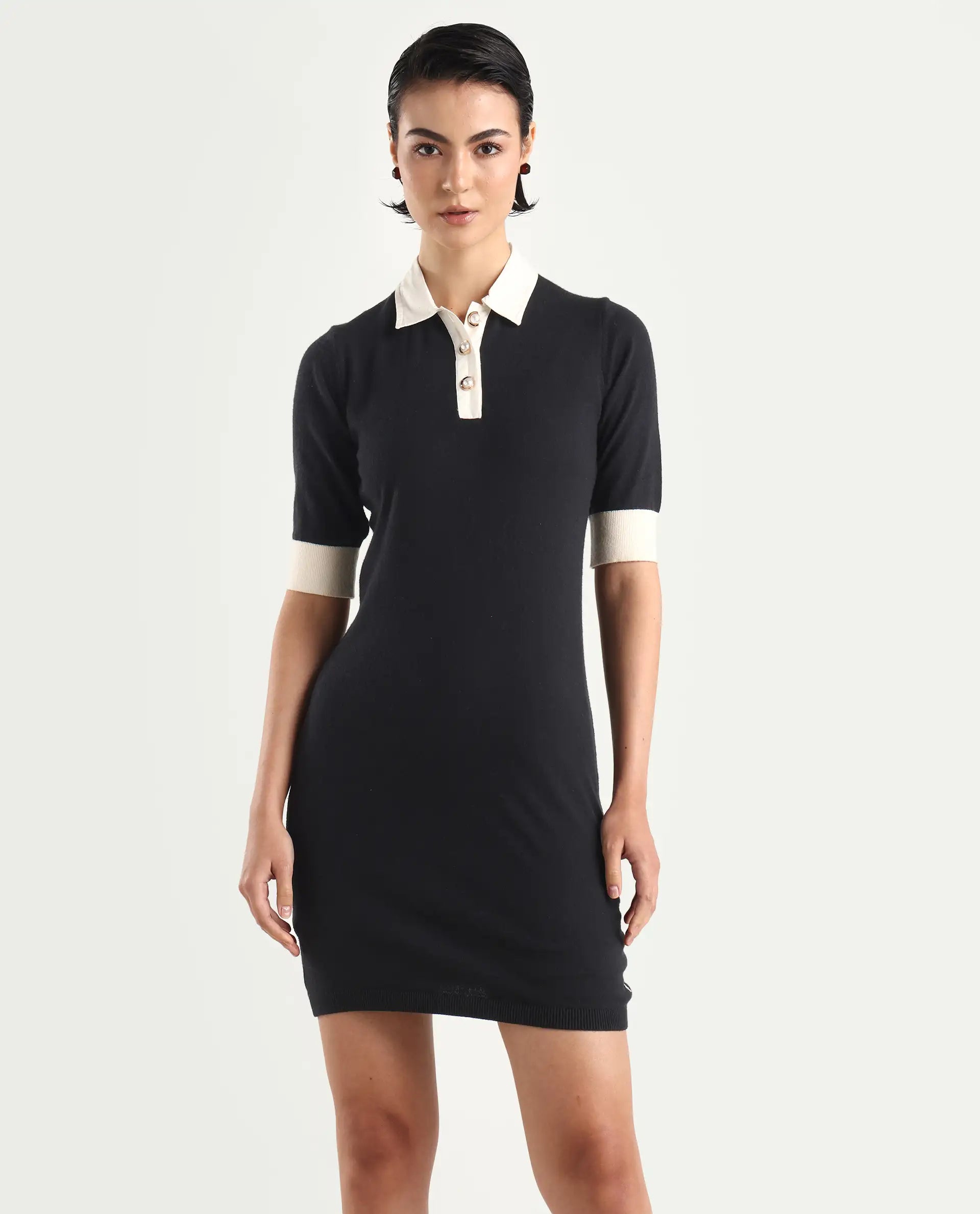 Rareism Women's Nitu Black Viscose Drop Collar Plain Knee Length Bodycon Dress