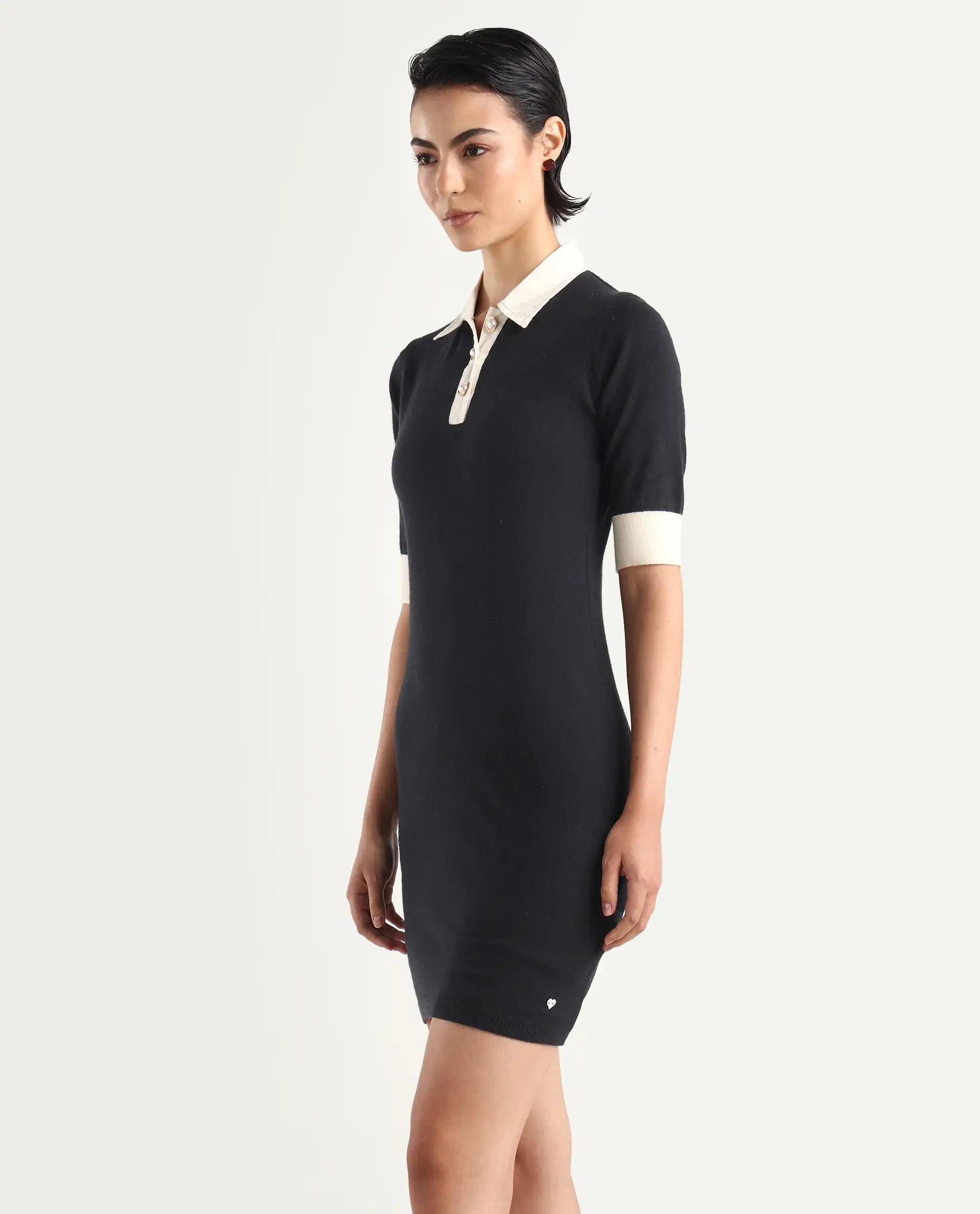 Rareism Women's Nitu Black Viscose Drop Collar Plain Knee Length Bodycon Dress
