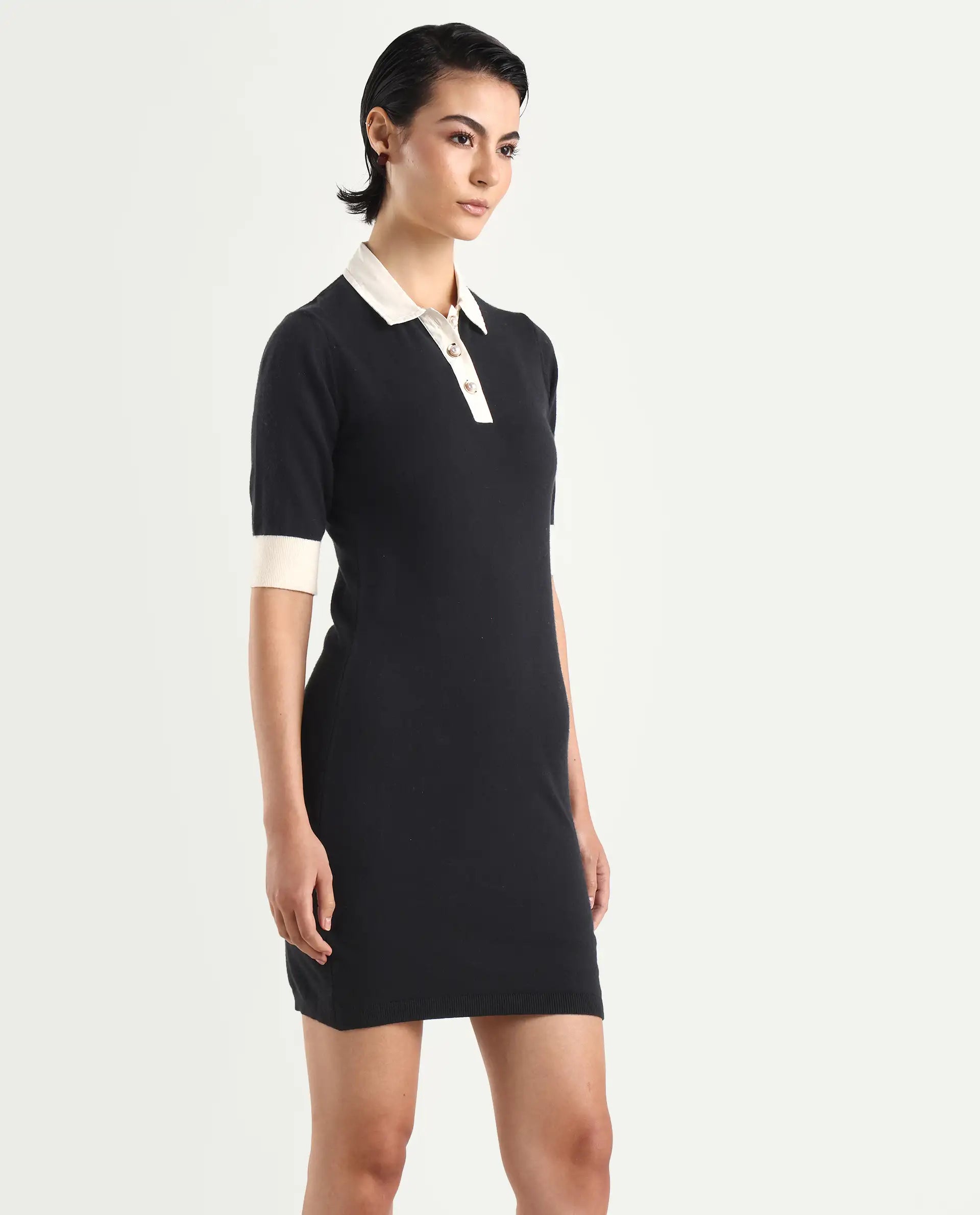 Rareism Women's Nitu Black Viscose Drop Collar Plain Knee Length Bodycon Dress