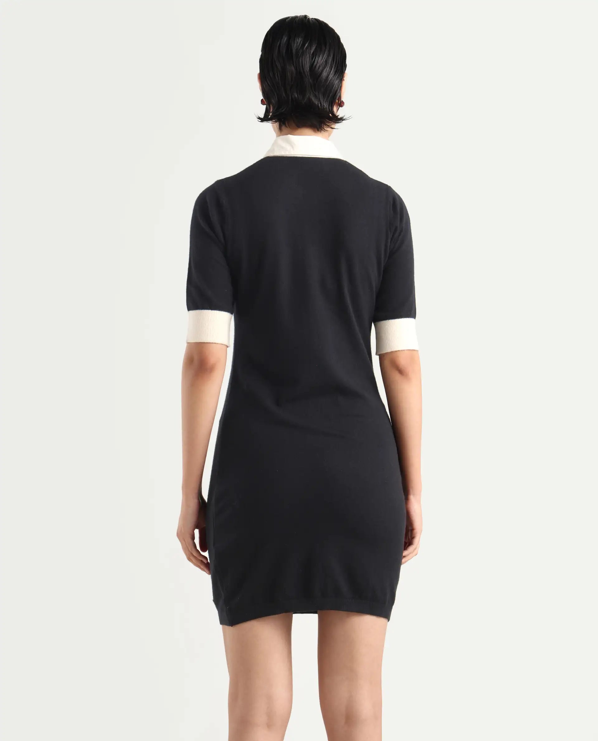 Rareism Women's Nitu Black Viscose Drop Collar Plain Knee Length Bodycon Dress