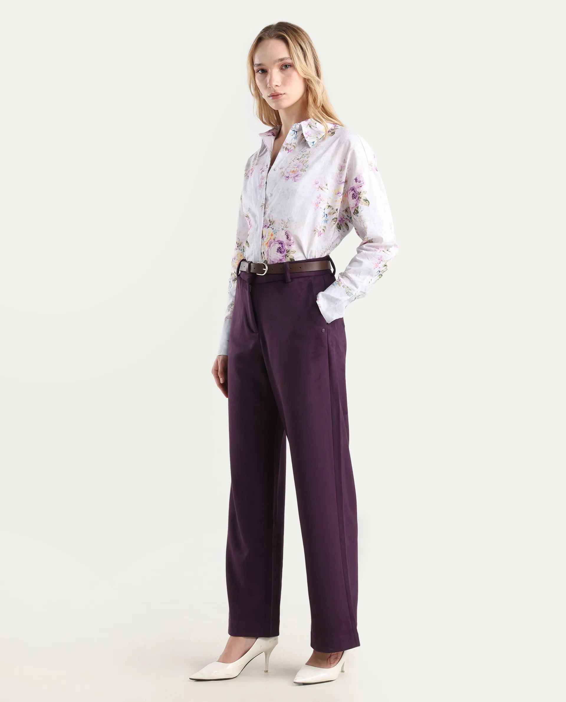 Rareism Women's Niwast-B Purple Polyester Blend Straight Fit Travel Trouser