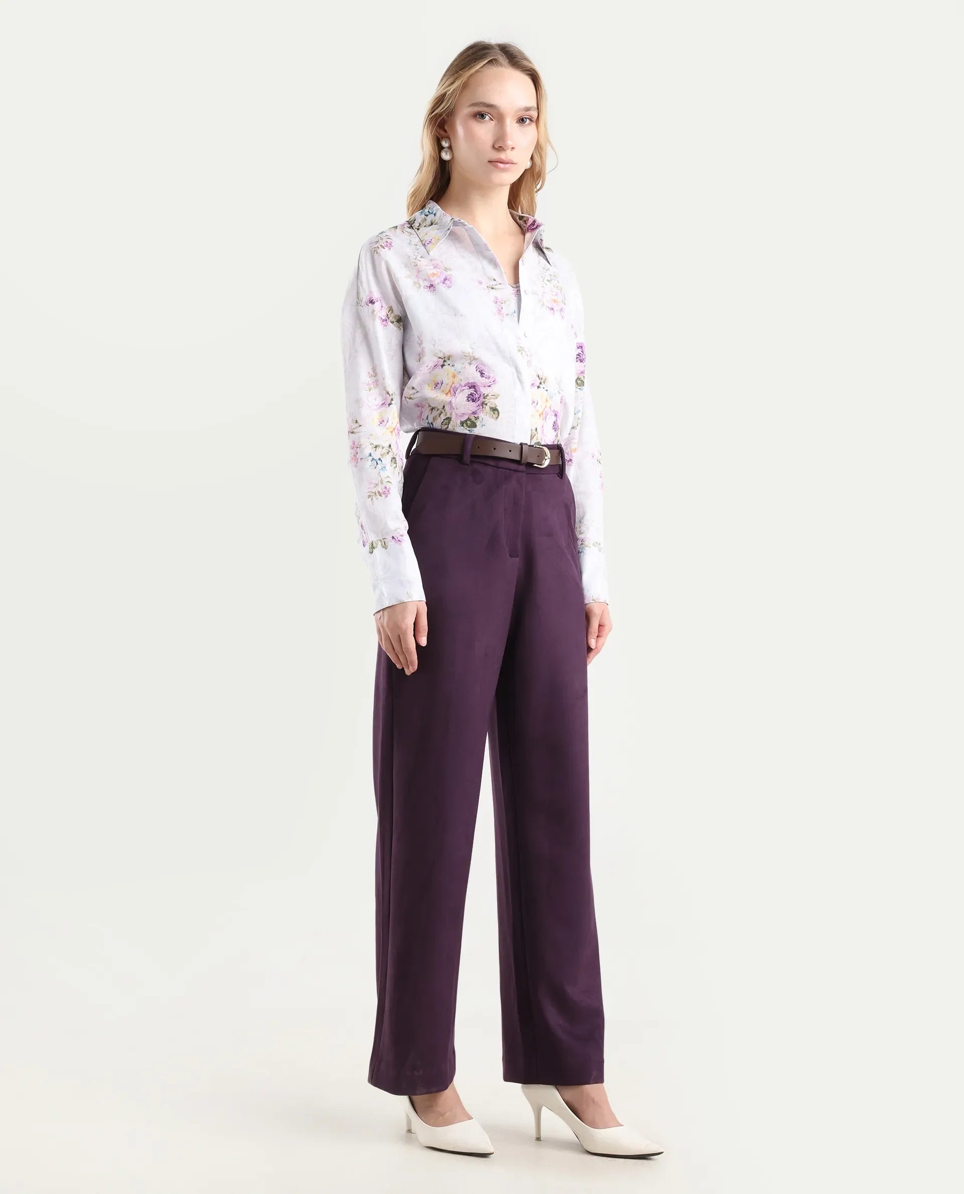 Rareism Women's Niwast-B Purple Polyester Blend Straight Fit Travel Trouser