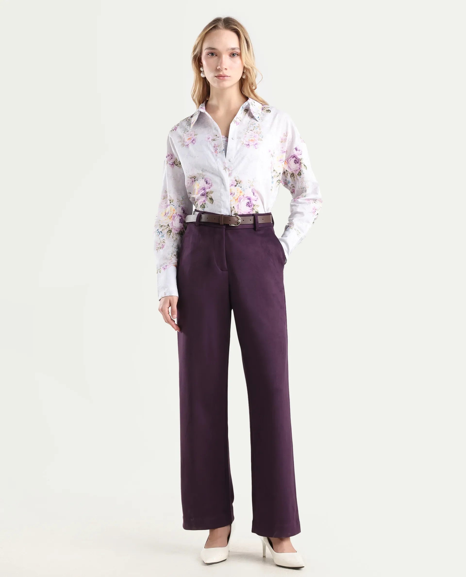 Rareism Women's Niwast-B Purple Polyester Blend Straight Fit Travel Trouser