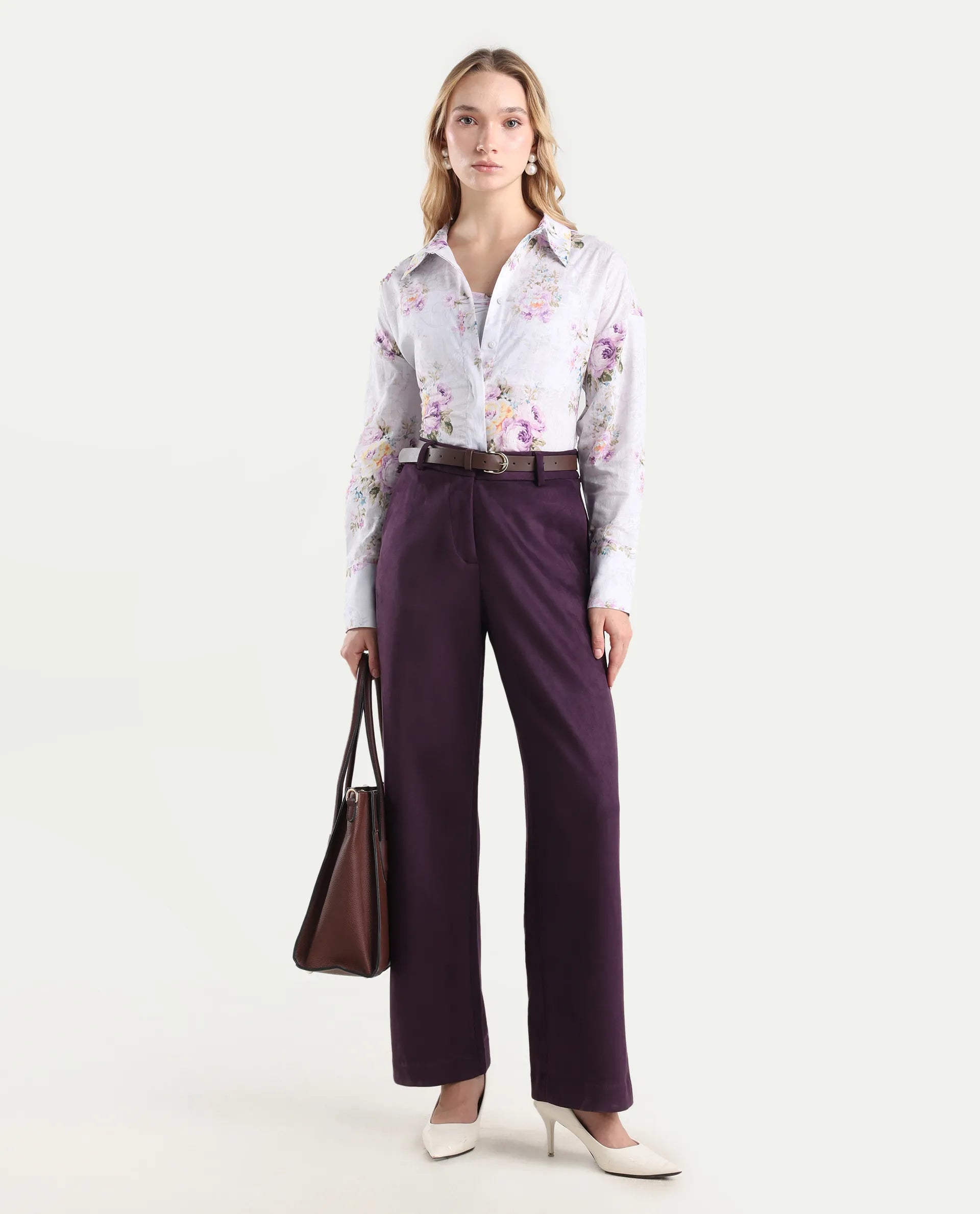 Rareism Women's Niwast-B Purple Polyester Blend Straight Fit Travel Trouser