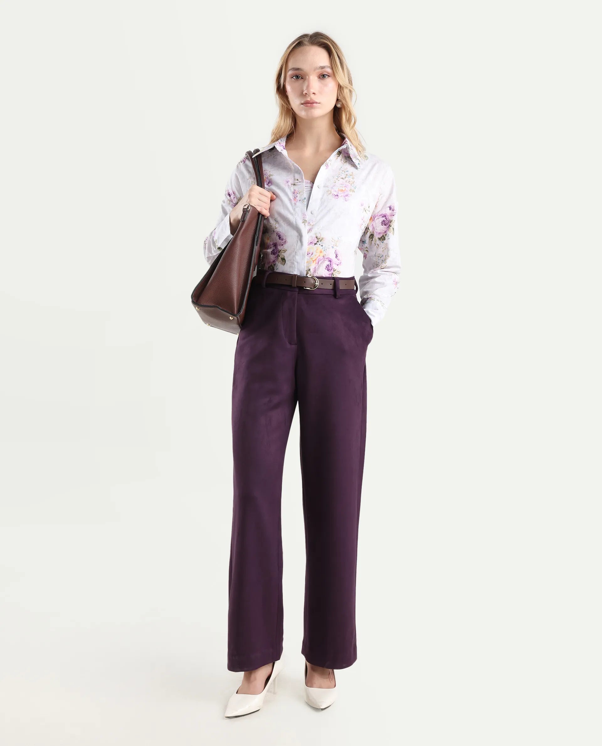 Rareism Women's Niwast-B Purple Polyester Blend Straight Fit Travel Trouser