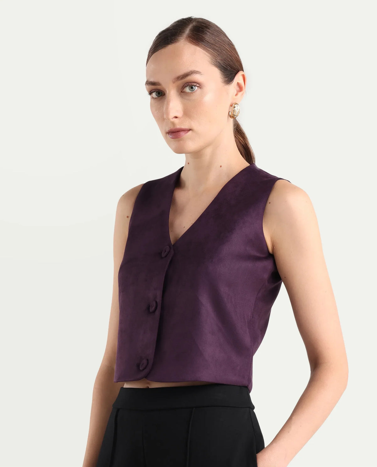 Rareism Women's Niwast-T Purple Polyester Blend V-Neck Regular Fit Waist Coat