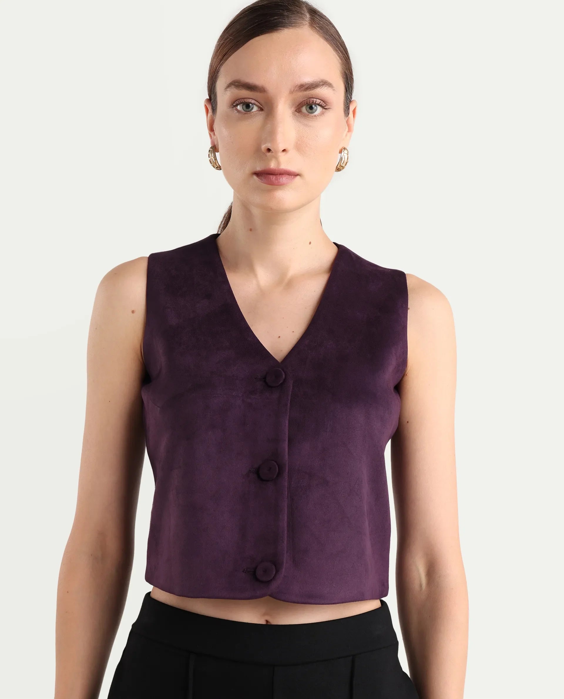 Rareism Women's Niwast-T Purple Polyester Blend V-Neck Regular Fit Waist Coat