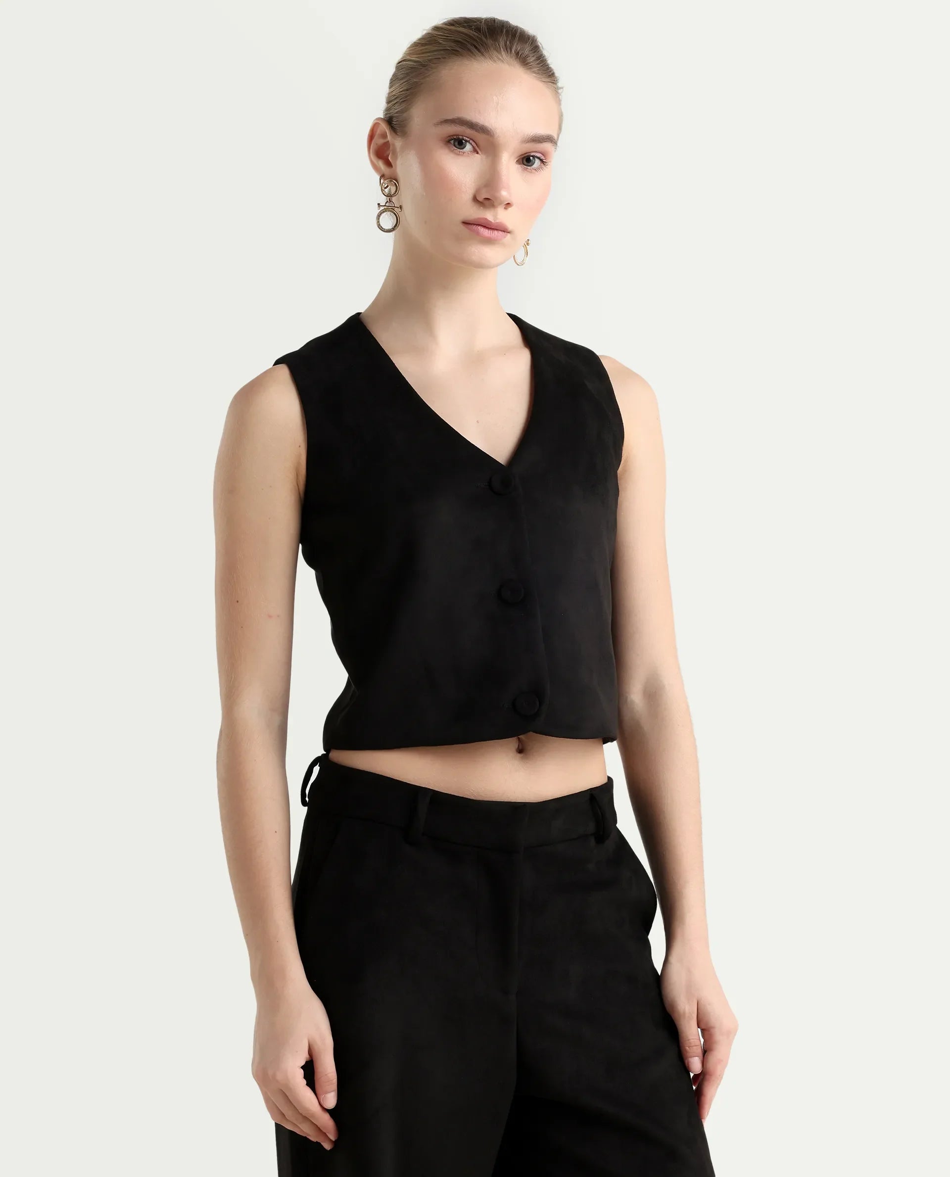 Rareism Women's Niwast-T Black Polyester Blend V-Neck Regular Fit Waist Coat