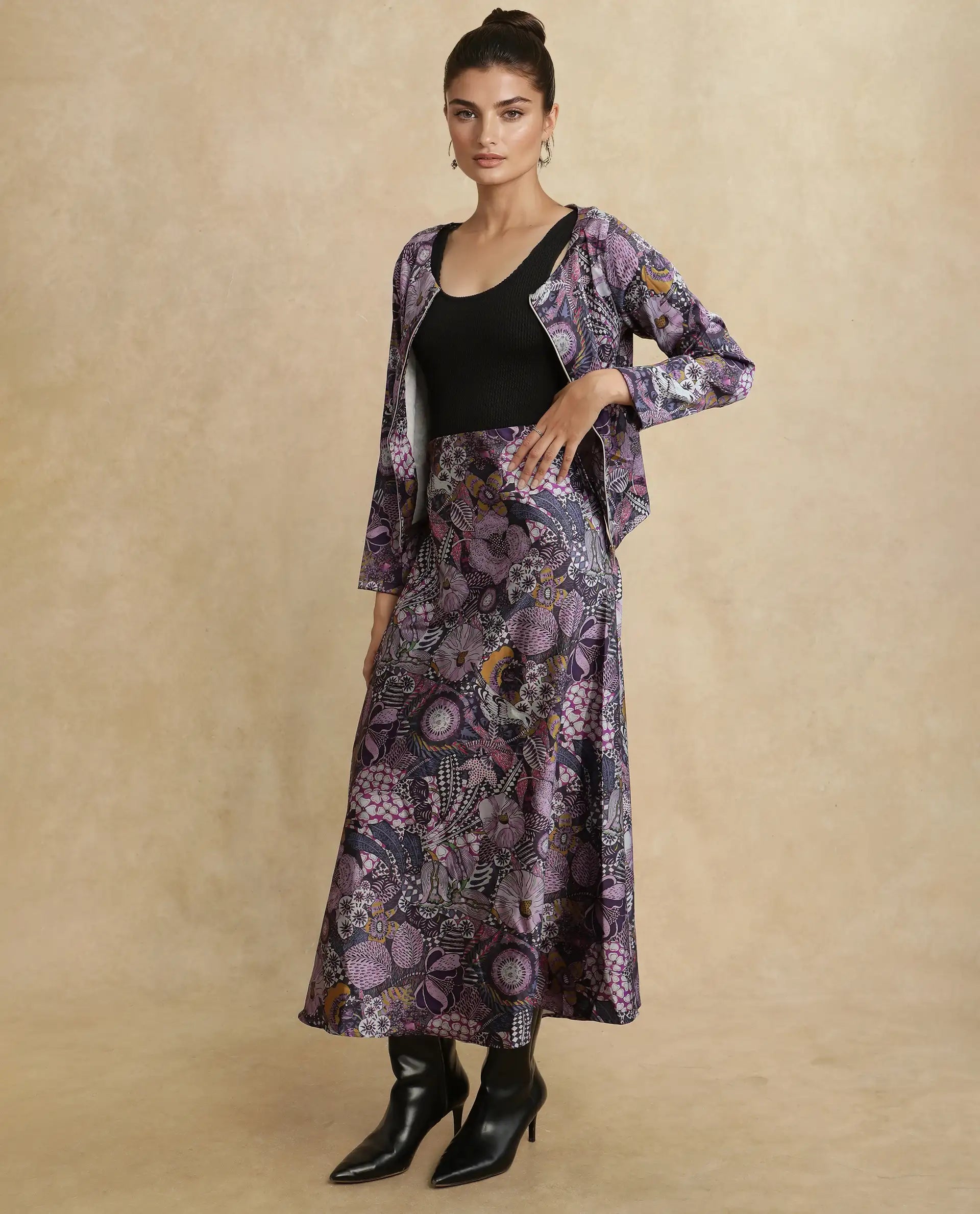 Rareism Women's Niyan Multi Satin Abstract Print Ankle Length Regular Fit Skirt