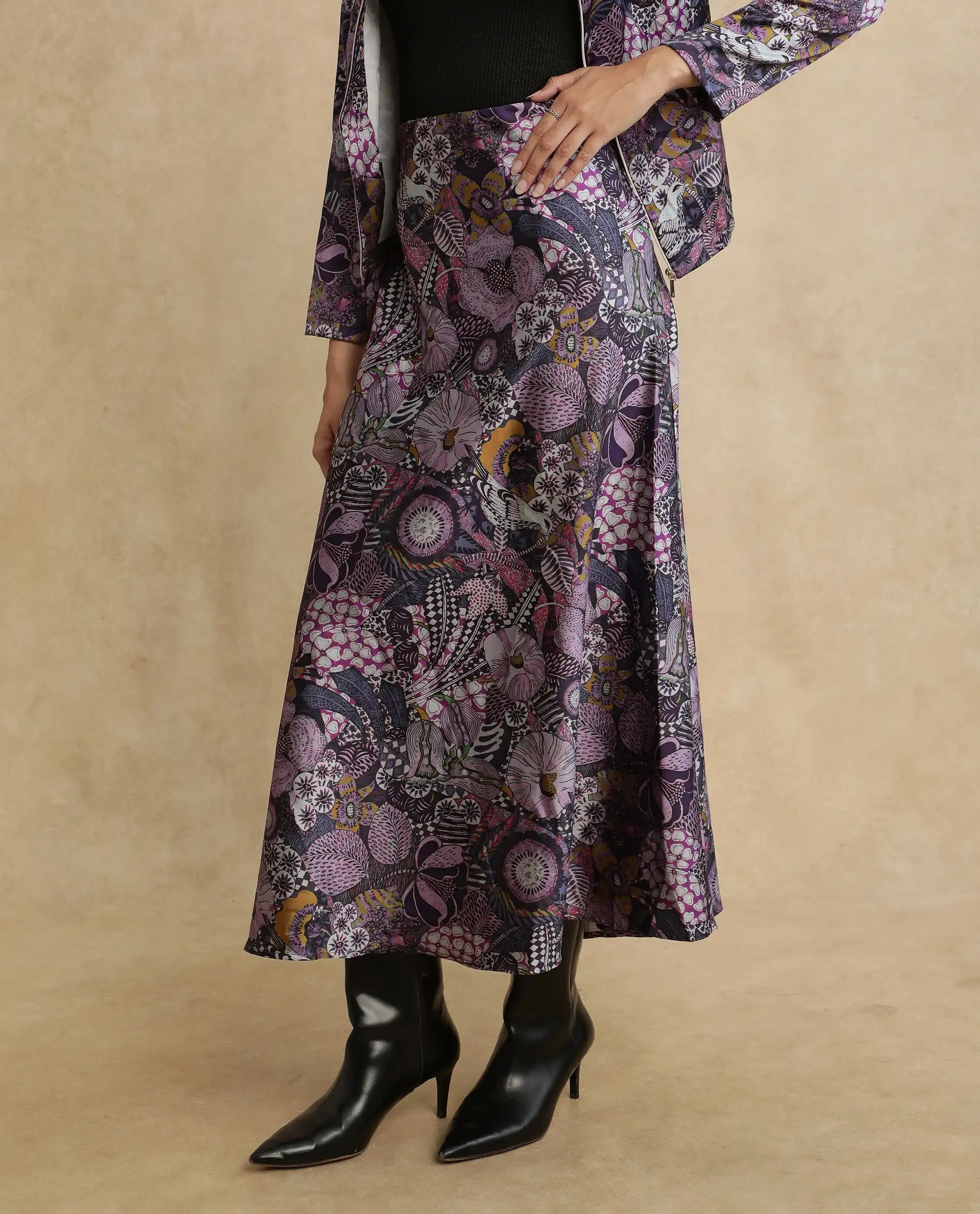 Rareism Women's Niyan Multi Satin Abstract Print Ankle Length Regular Fit Skirt