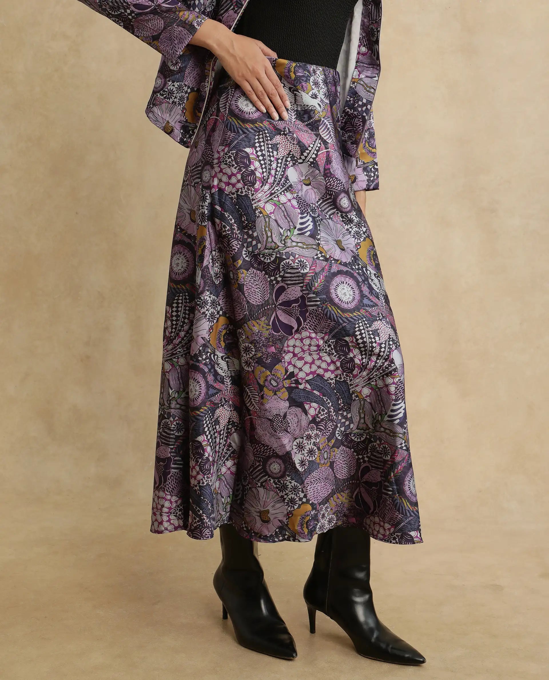 Rareism Women's Niyan Multi Satin Abstract Print Ankle Length Regular Fit Skirt