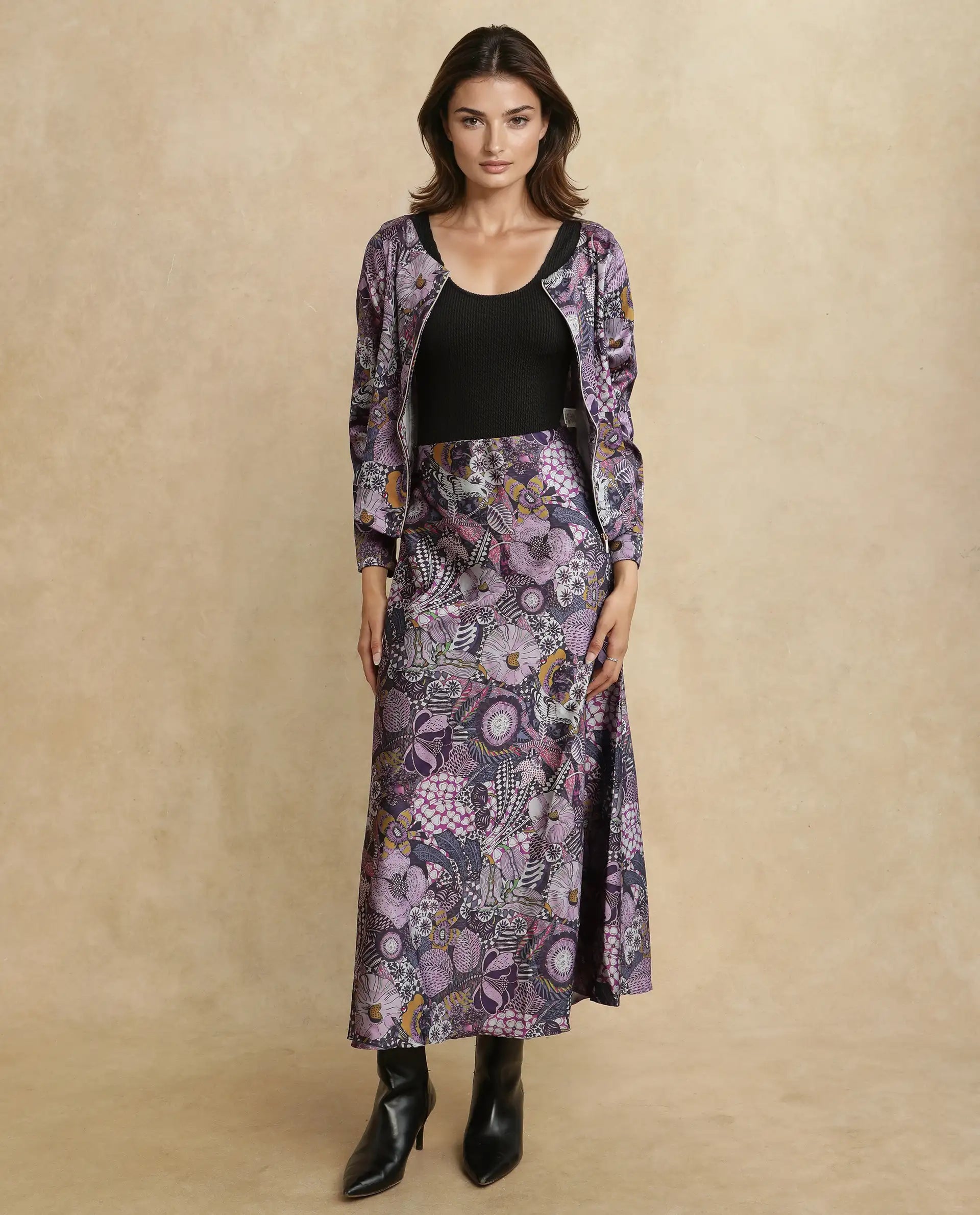 Rareism Women's Niyan Multi Satin Abstract Print Ankle Length Regular Fit Skirt