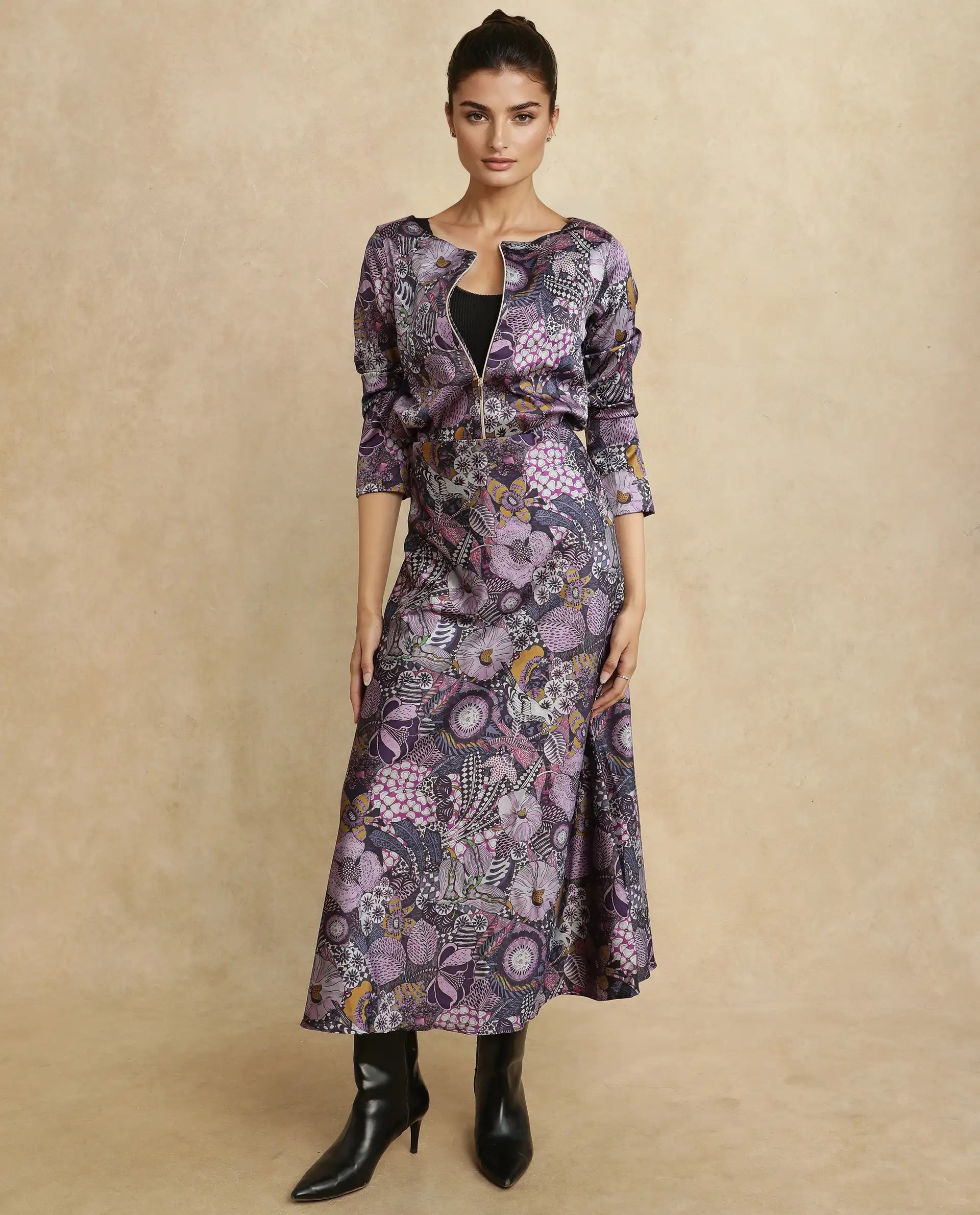 Rareism Women's Niyan Multi Satin Abstract Print Ankle Length Regular Fit Skirt