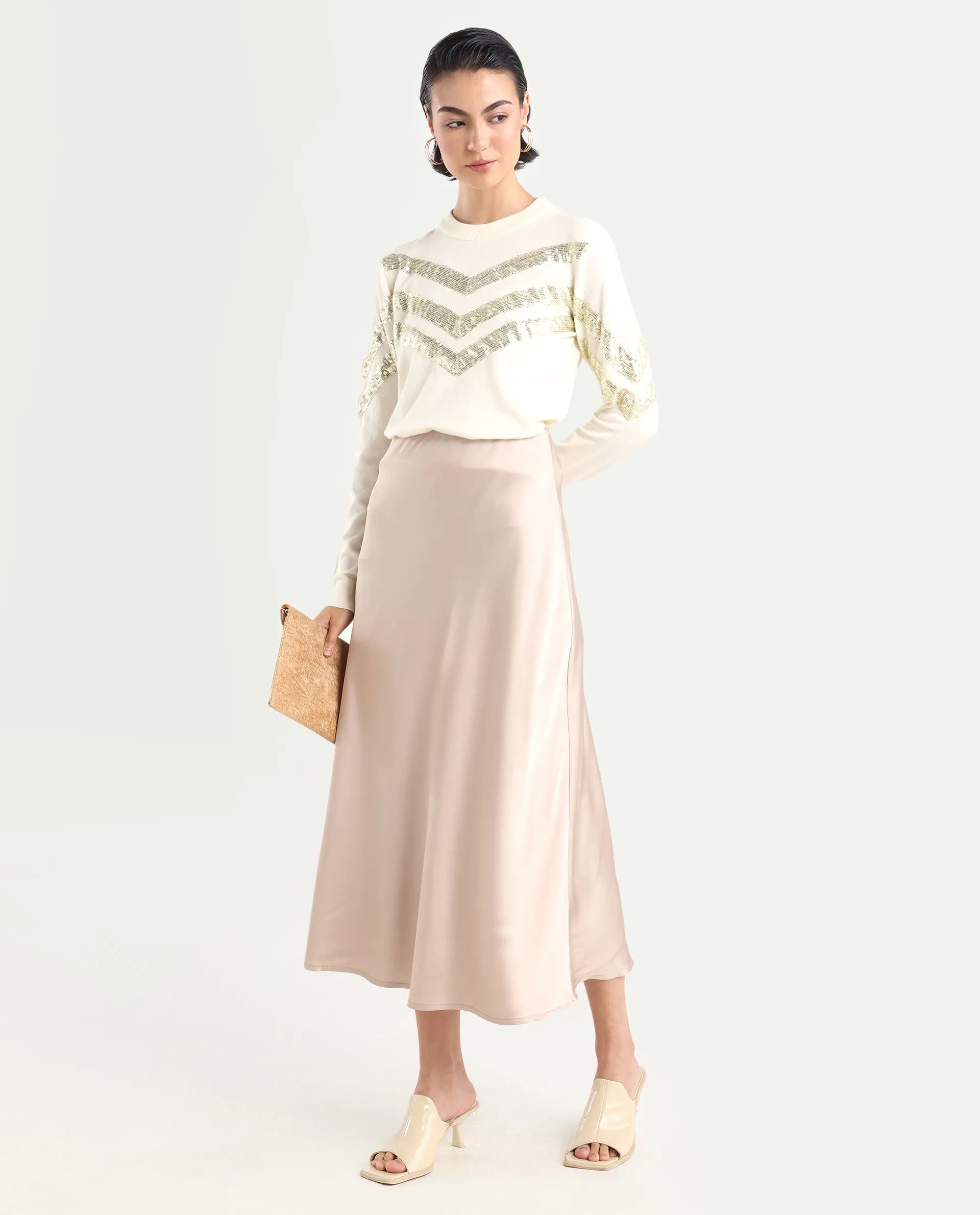 Rareism Women's Niyano Beige Polyester A-Line Skirt