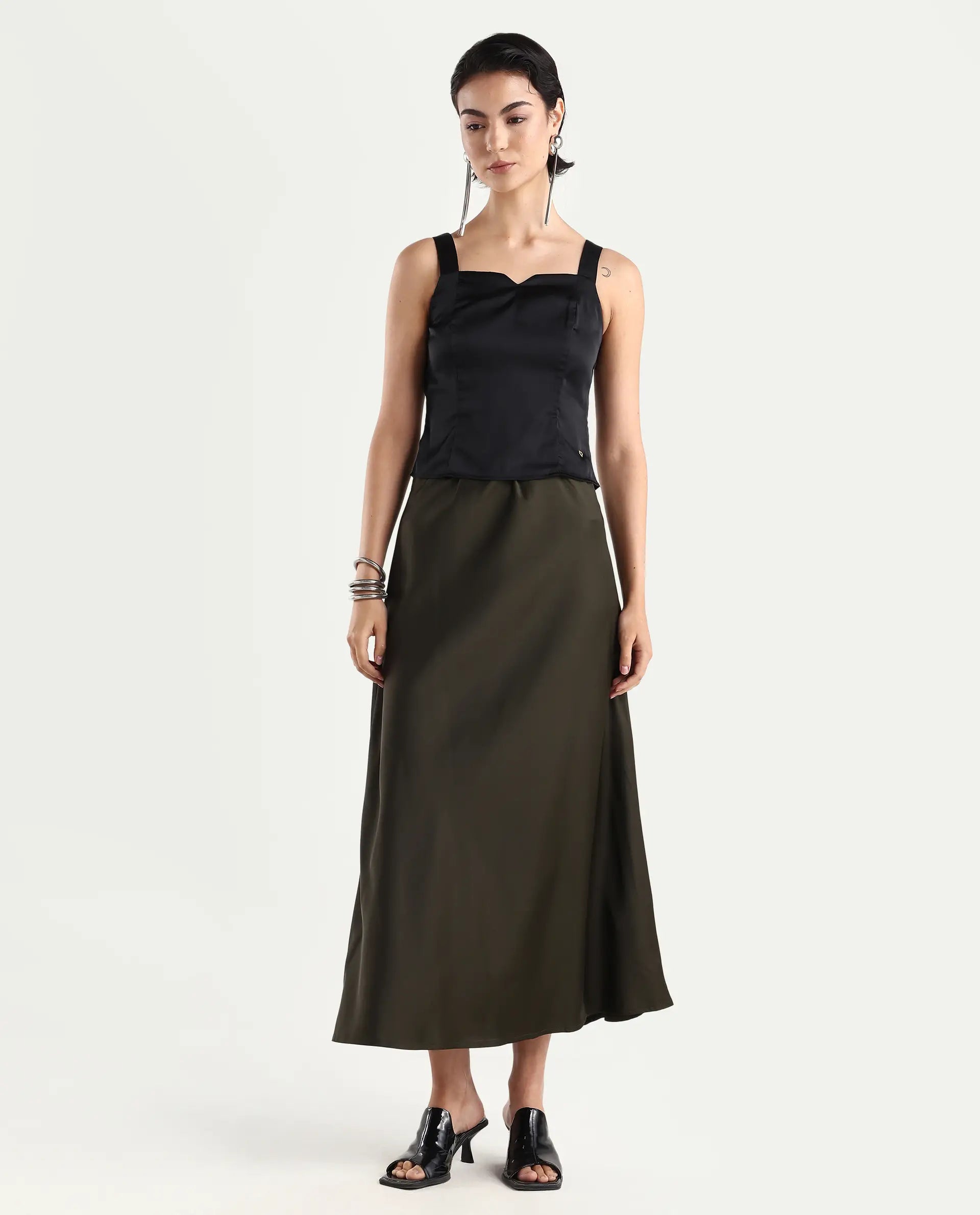 Rareism Women's Niyano Olive Polyester A-Line Skirt