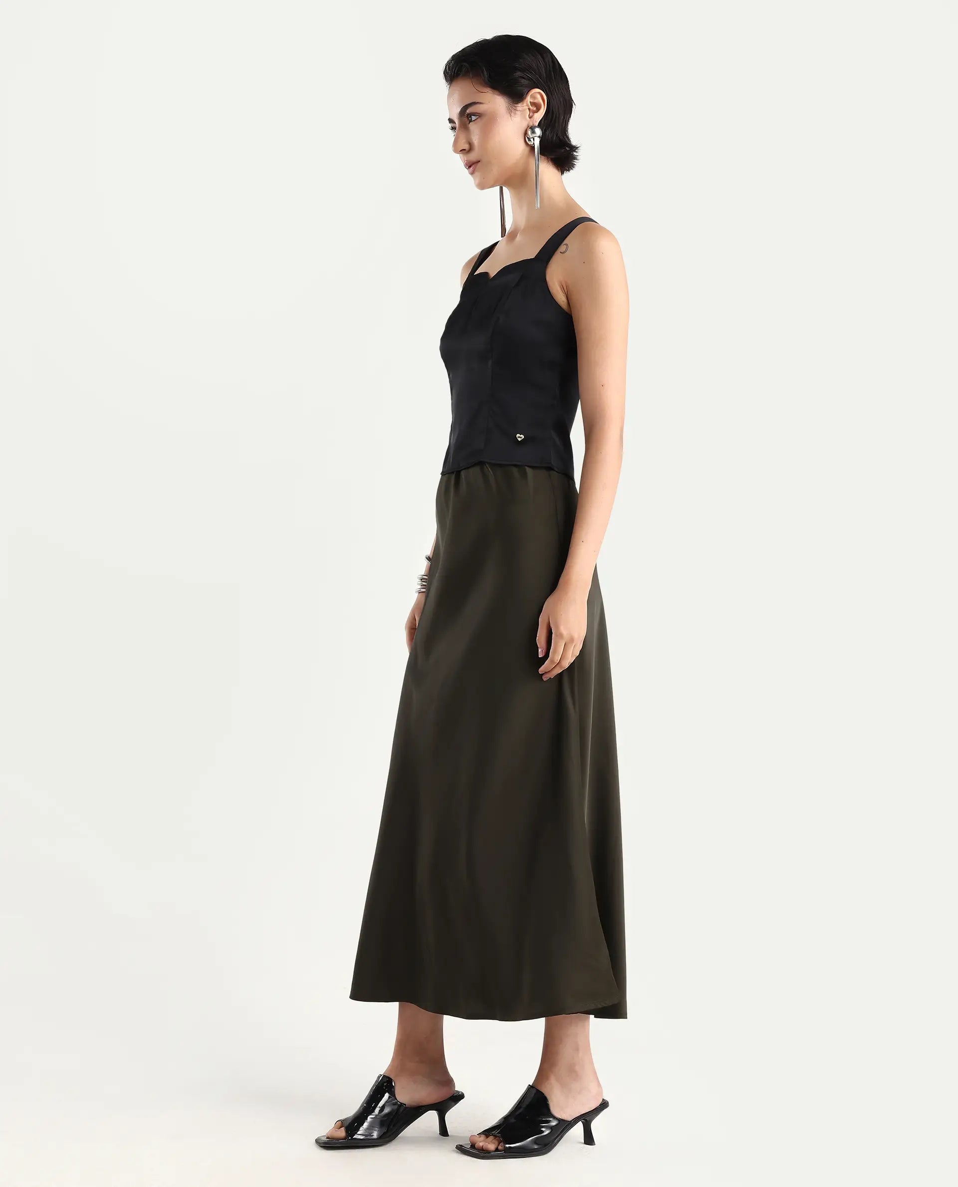 Rareism Women's Niyano Olive Polyester A-Line Skirt