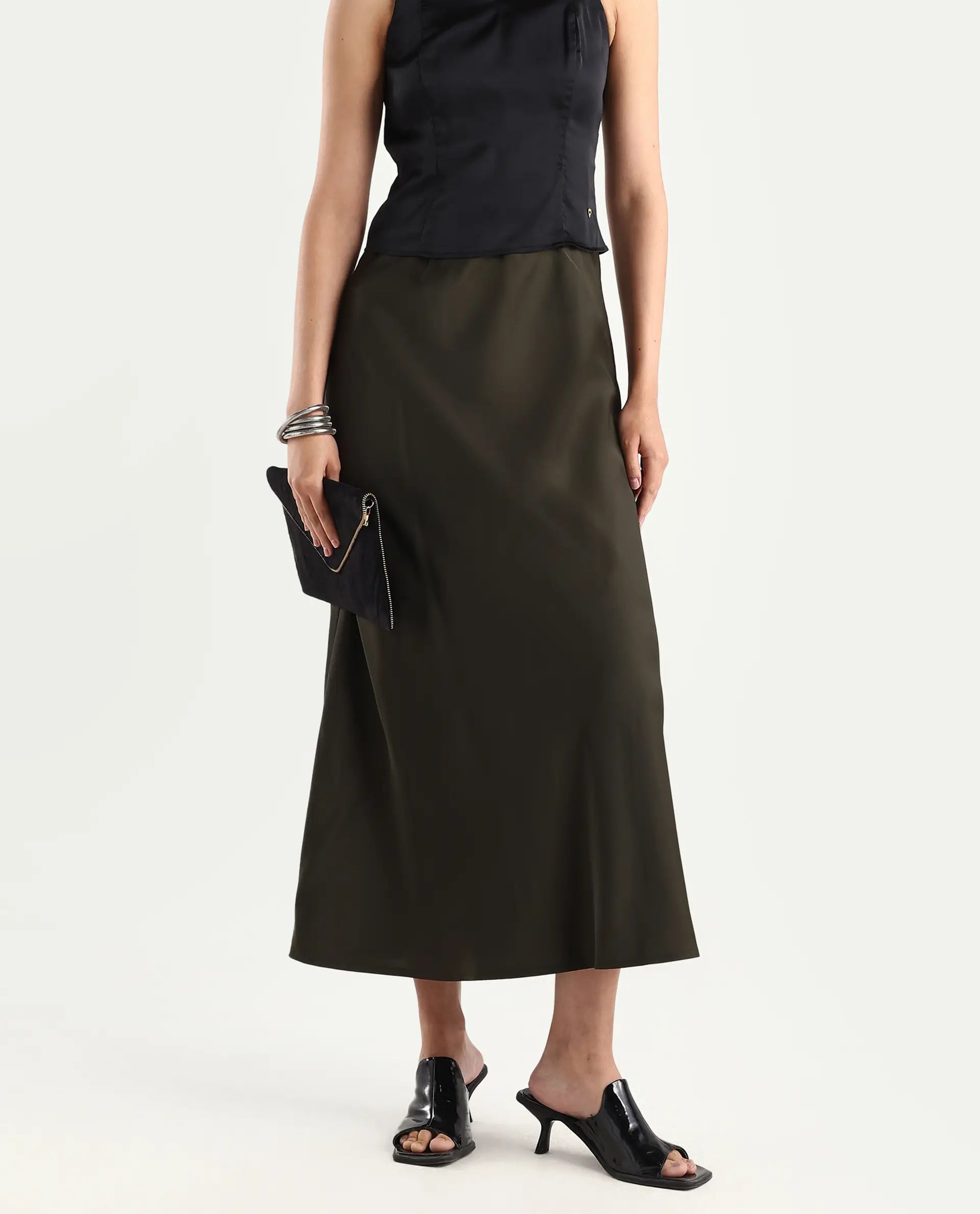 Rareism Women's Niyano Olive Polyester A-Line Skirt