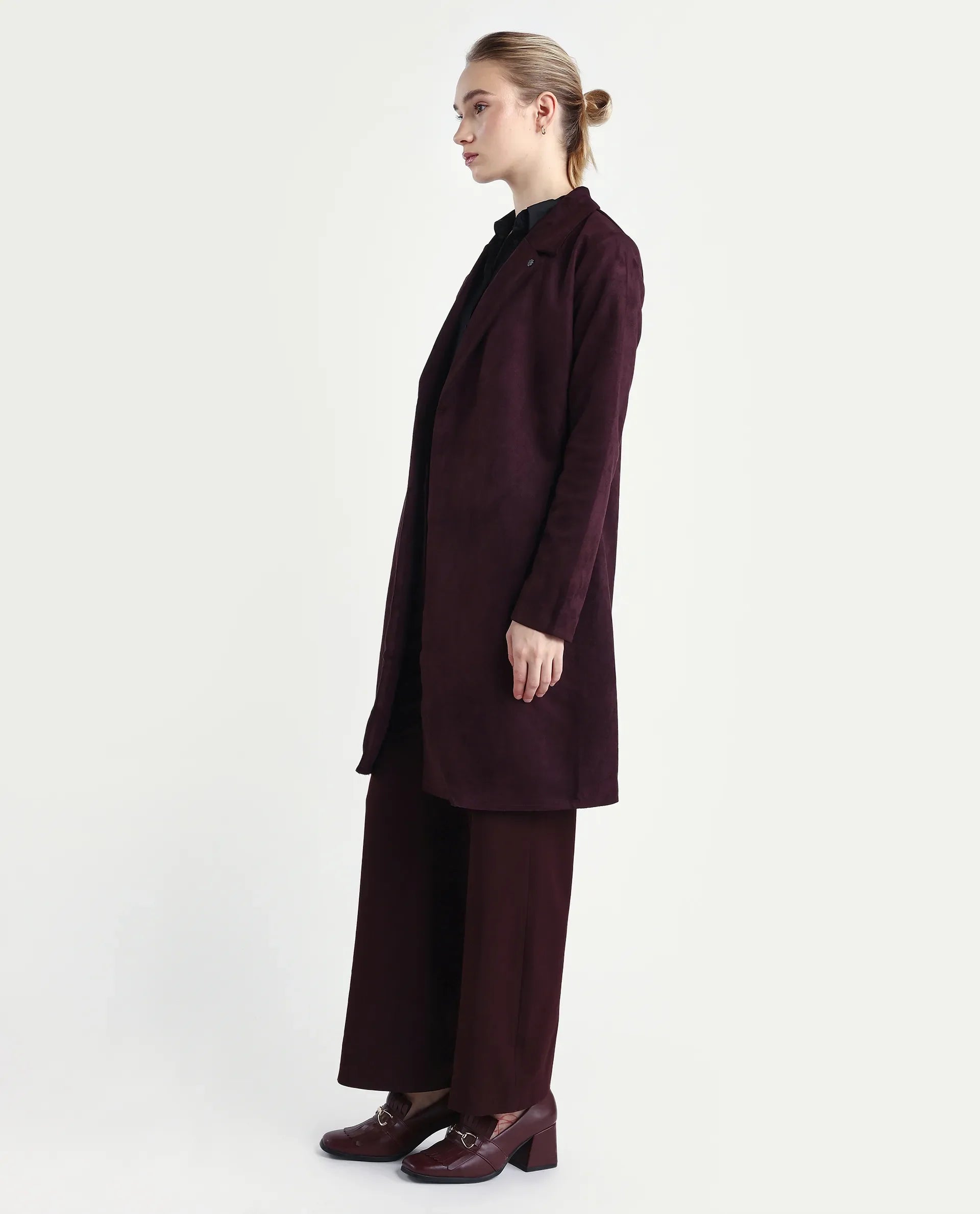Rareism Women's Nizara Prune Polyester Blend Lapel Neck Regular Fit Coat
