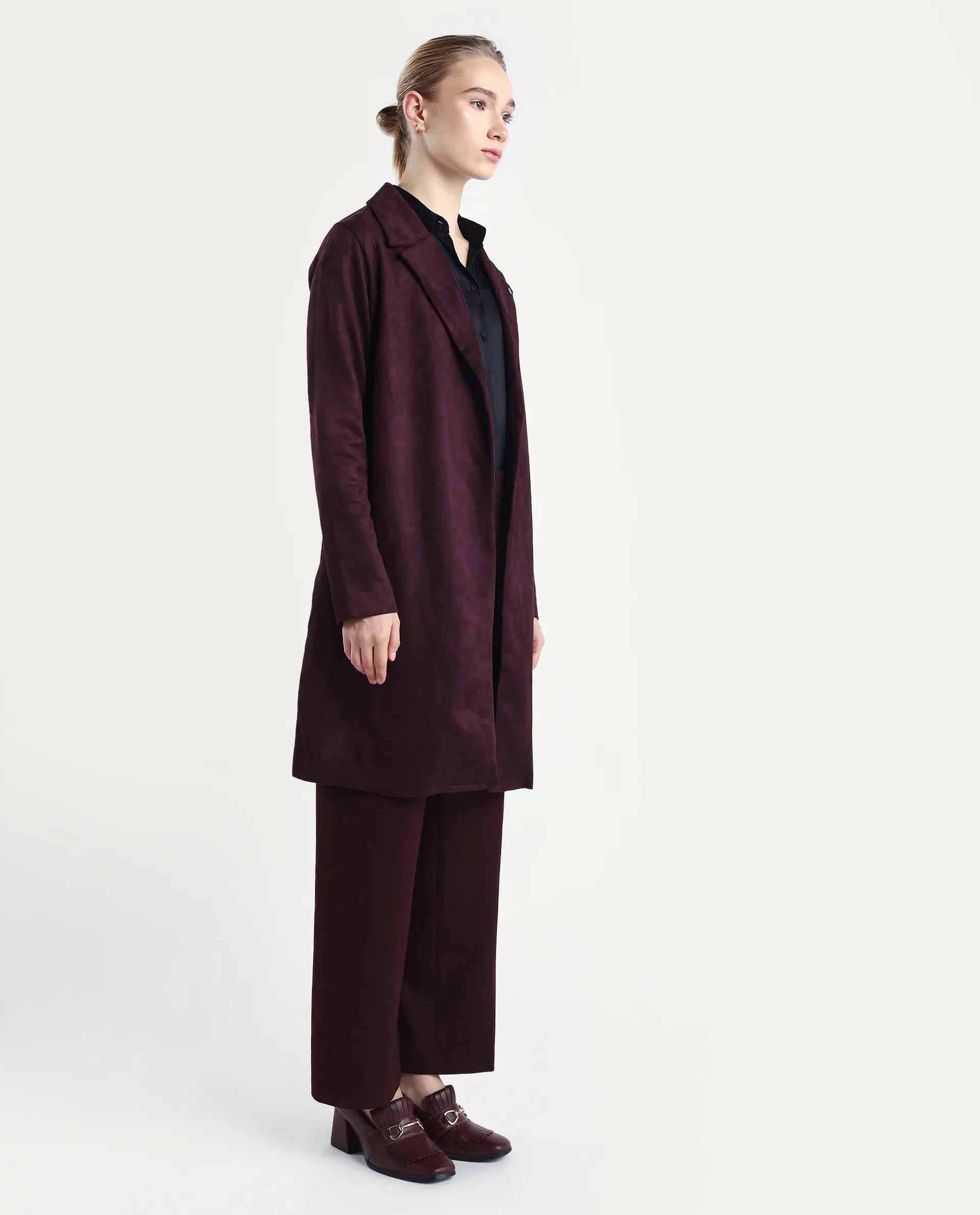 Rareism Women's Nizara Prune Polyester Blend Lapel Neck Regular Fit Coat