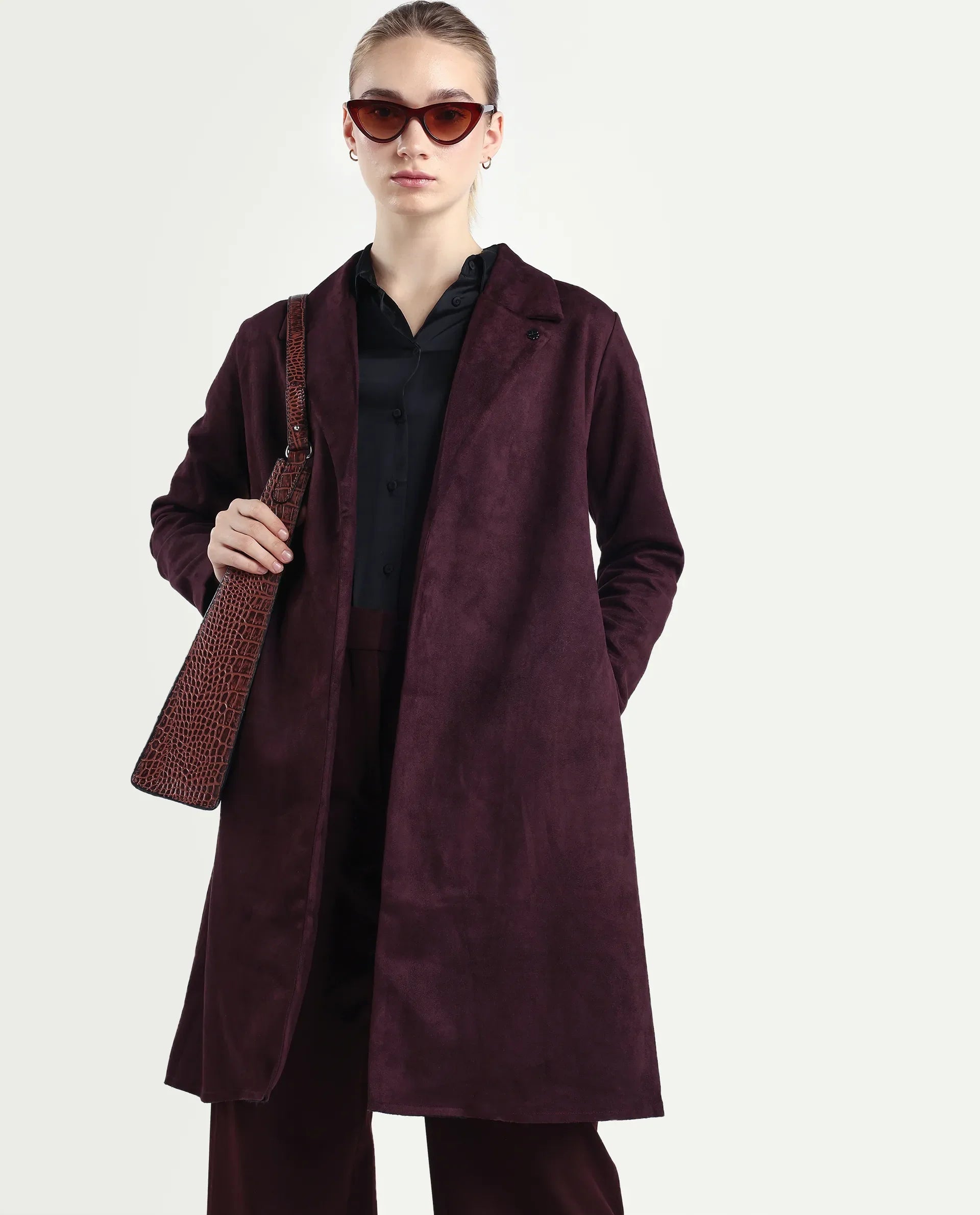 Rareism Women's Nizara Prune Polyester Blend Lapel Neck Regular Fit Coat