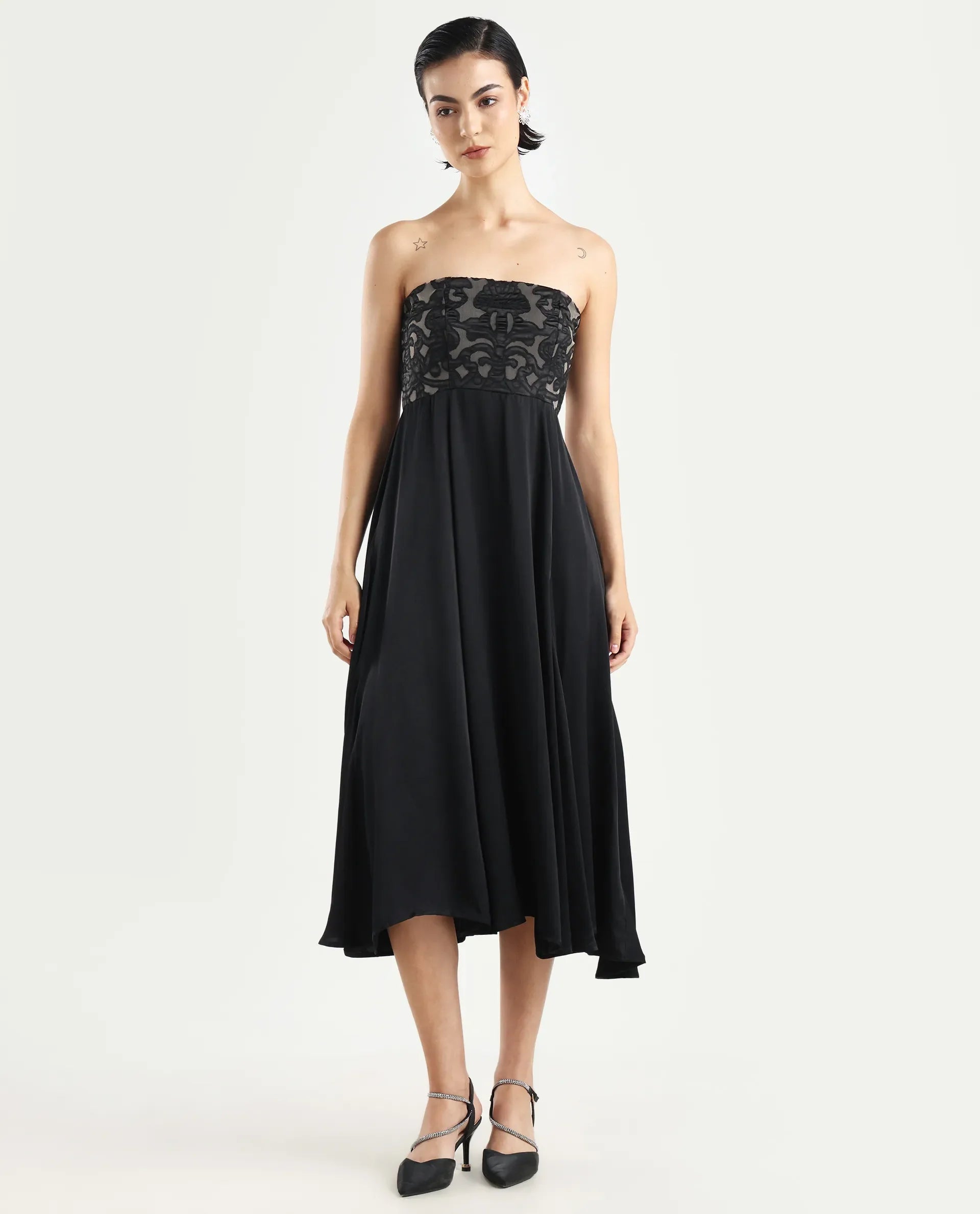 Rareism Women's Nizfer Black Satin Tube Neck Plain Sleeveless Midi Fit And Flare Dress