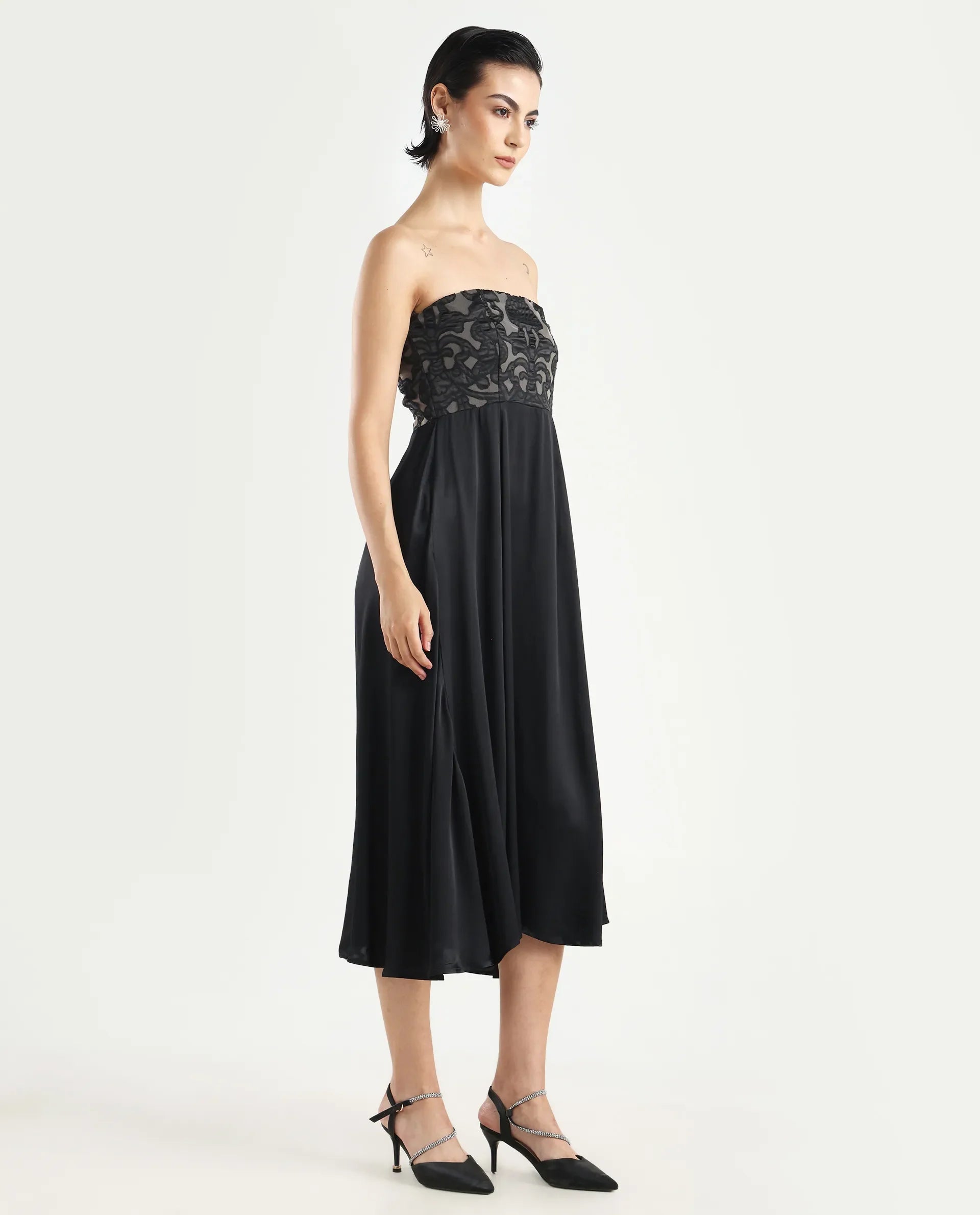 Rareism Women's Nizfer Black Satin Tube Neck Plain Sleeveless Midi Fit And Flare Dress