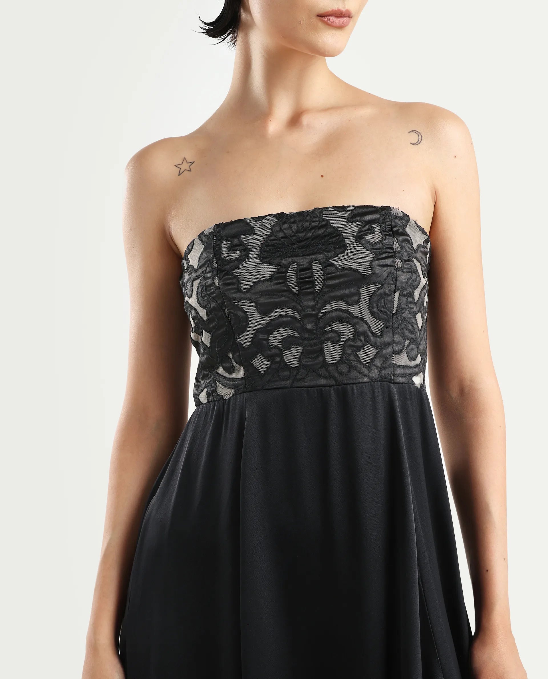 Rareism Women's Nizfer Black Satin Tube Neck Plain Sleeveless Midi Fit And Flare Dress