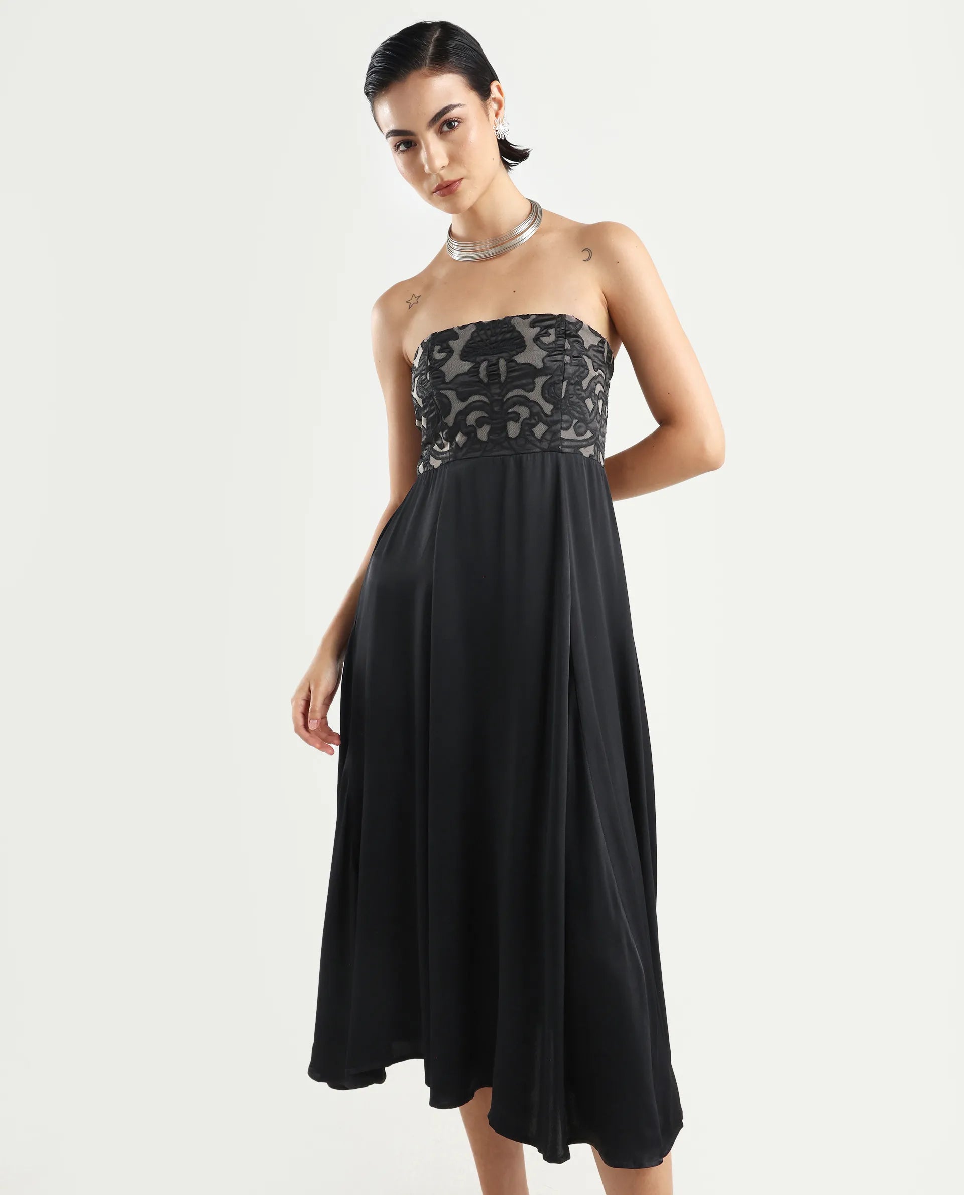 Rareism Women's Nizfer Black Satin Tube Neck Plain Sleeveless Midi Fit And Flare Dress