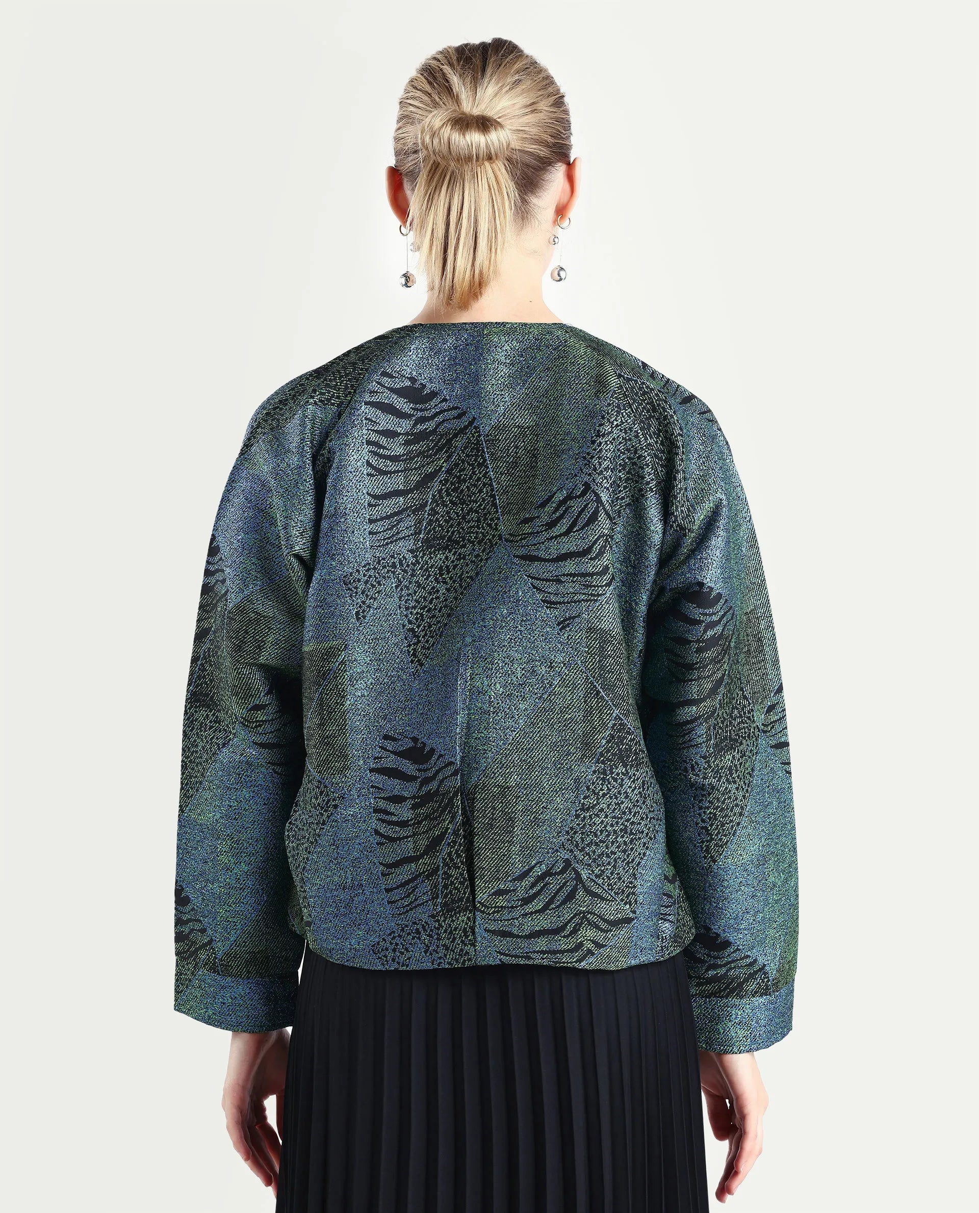 Rareism Women's Nizig Blue Polyester Blend Relaxed Fit Jacquard Jacket