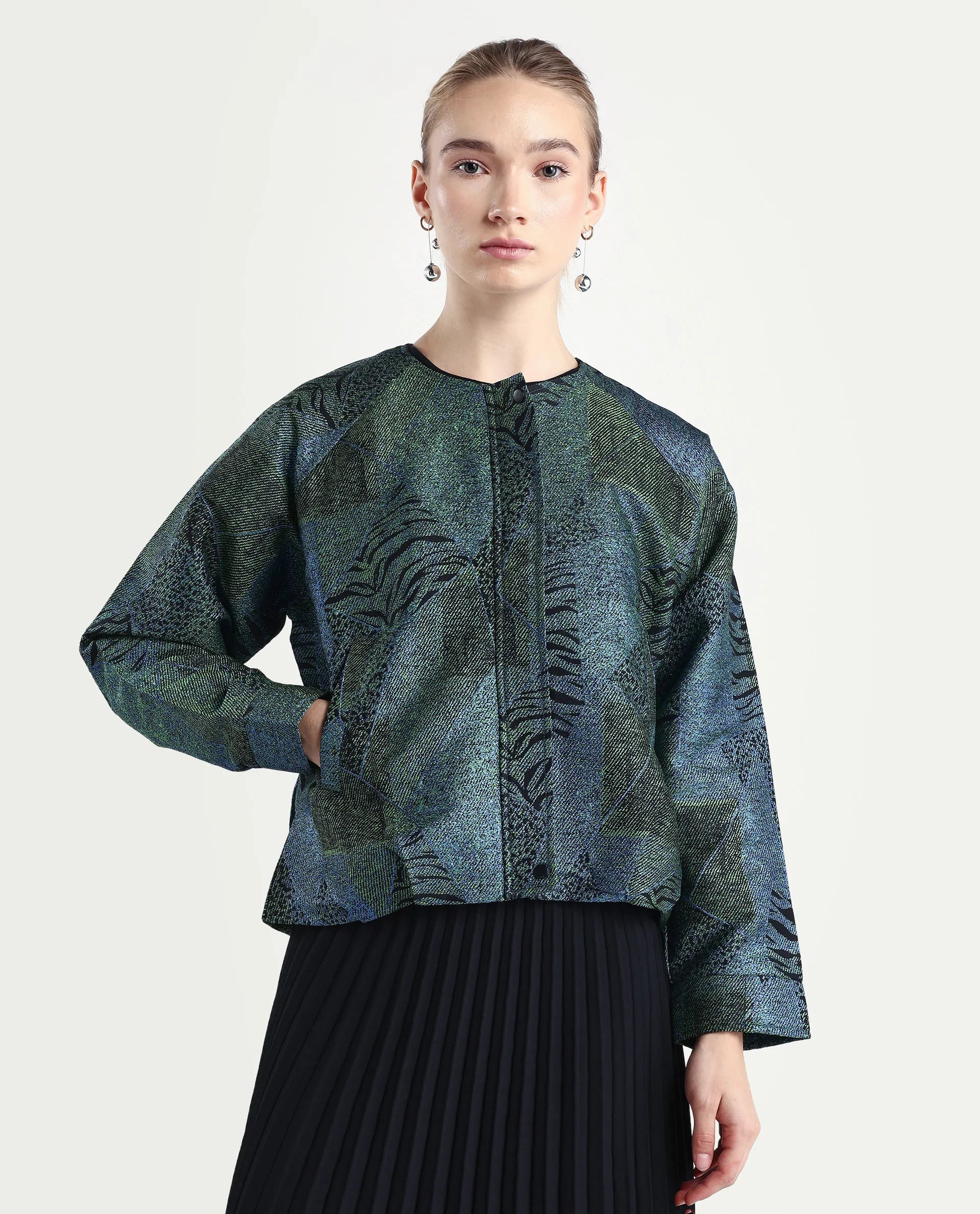 Rareism Women's Nizig Blue Polyester Blend Relaxed Fit Jacquard Jacket