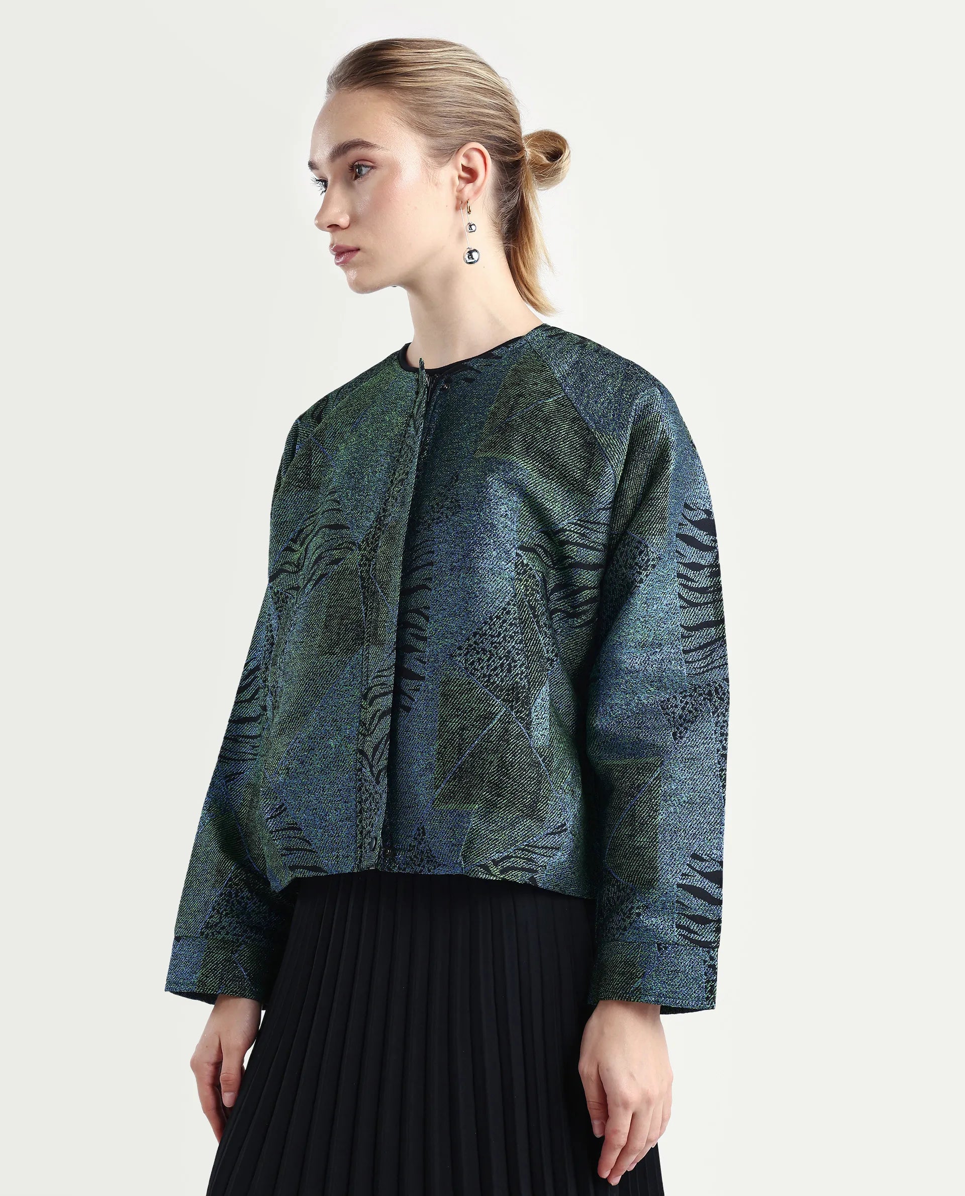 Rareism Women's Nizig Blue Polyester Blend Relaxed Fit Jacquard Jacket