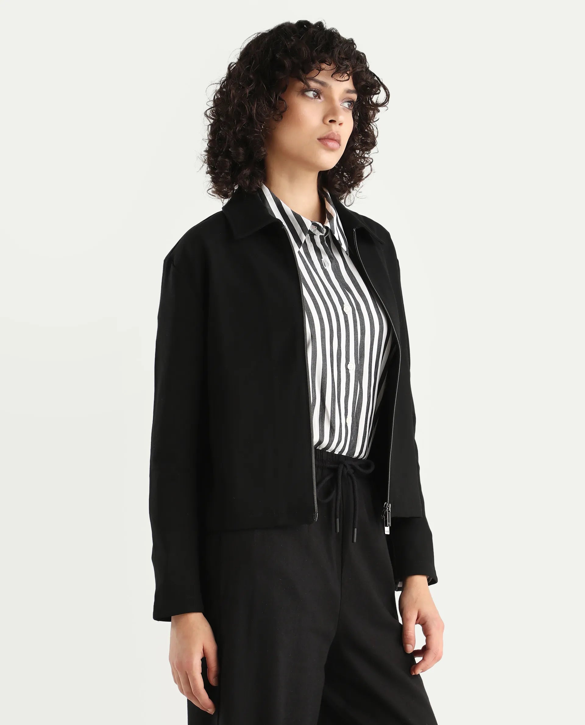 Rareism Women's Nizlo Black Polyester Blend Spread Collar Regular Plain Jacket